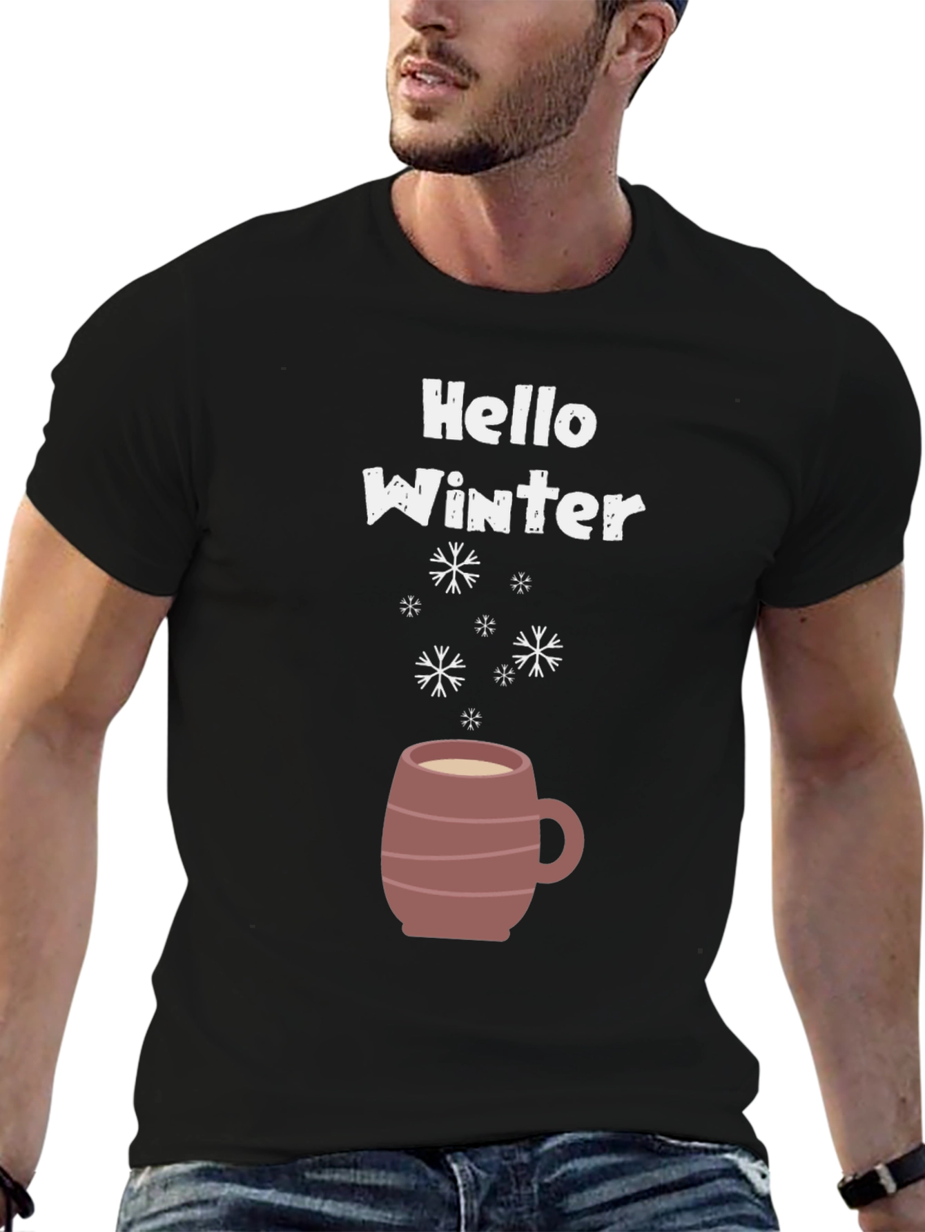 Hello Winter T-Shirt - Coffee Mug & Snowflakes