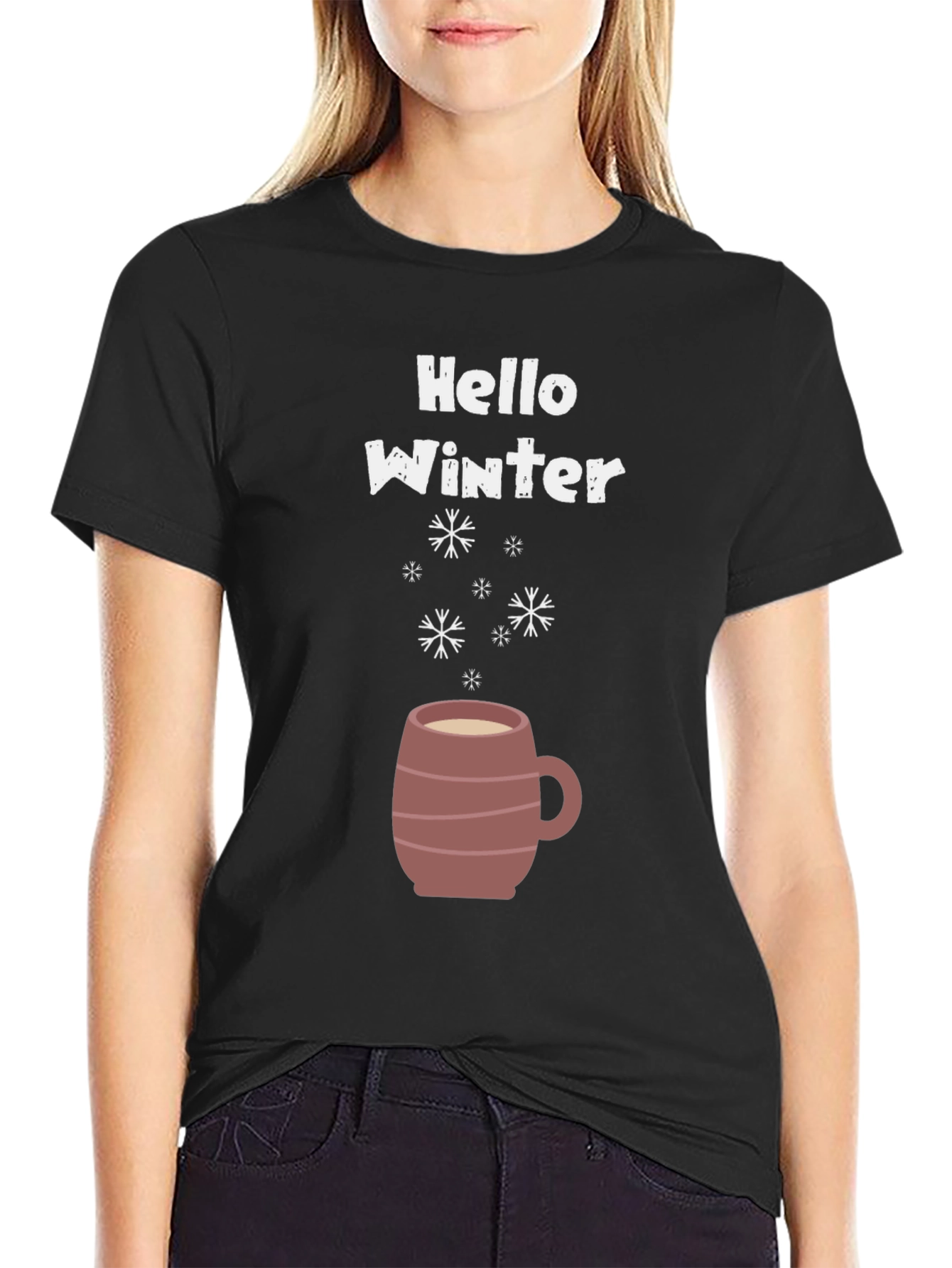 Hello Winter T-Shirt - Coffee Mug & Snowflakes