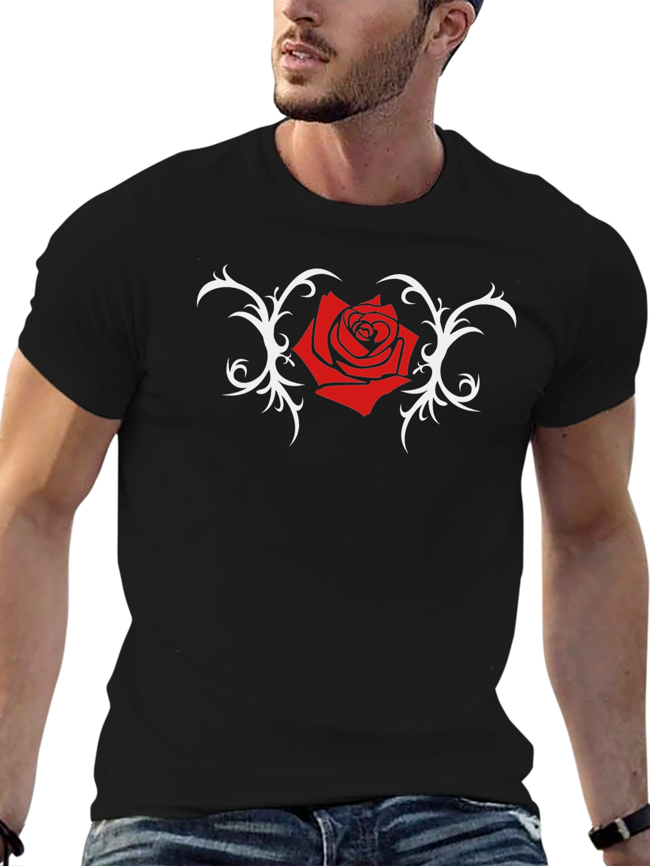 Black T-Shirt with Red Rose and Vine Design