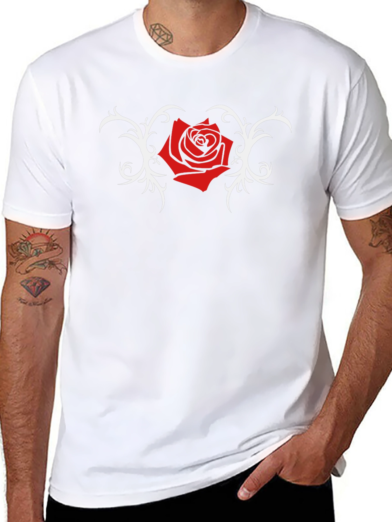 Black T-Shirt with Red Rose and Vine Design