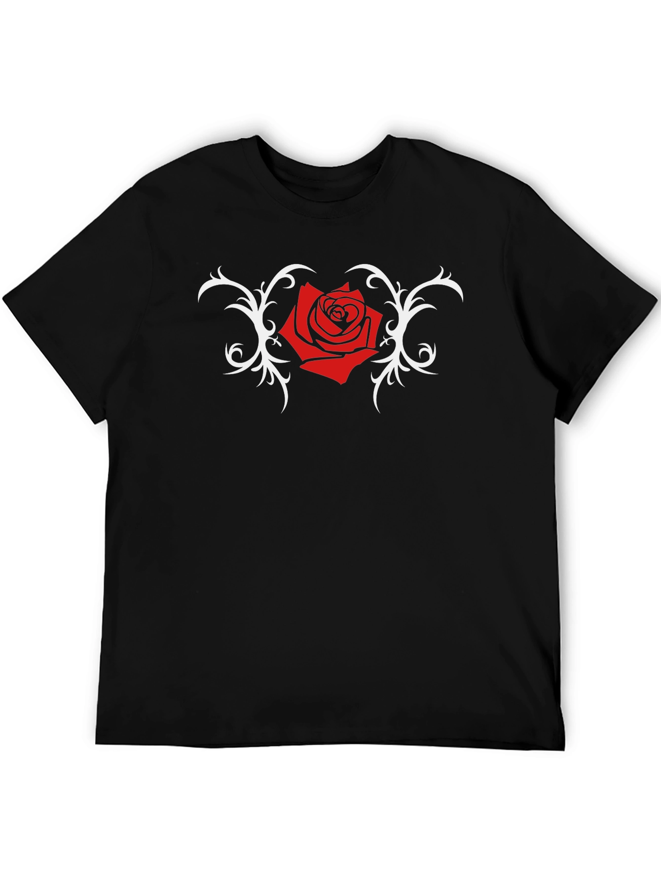 Black T-Shirt with Red Rose and Vine Design