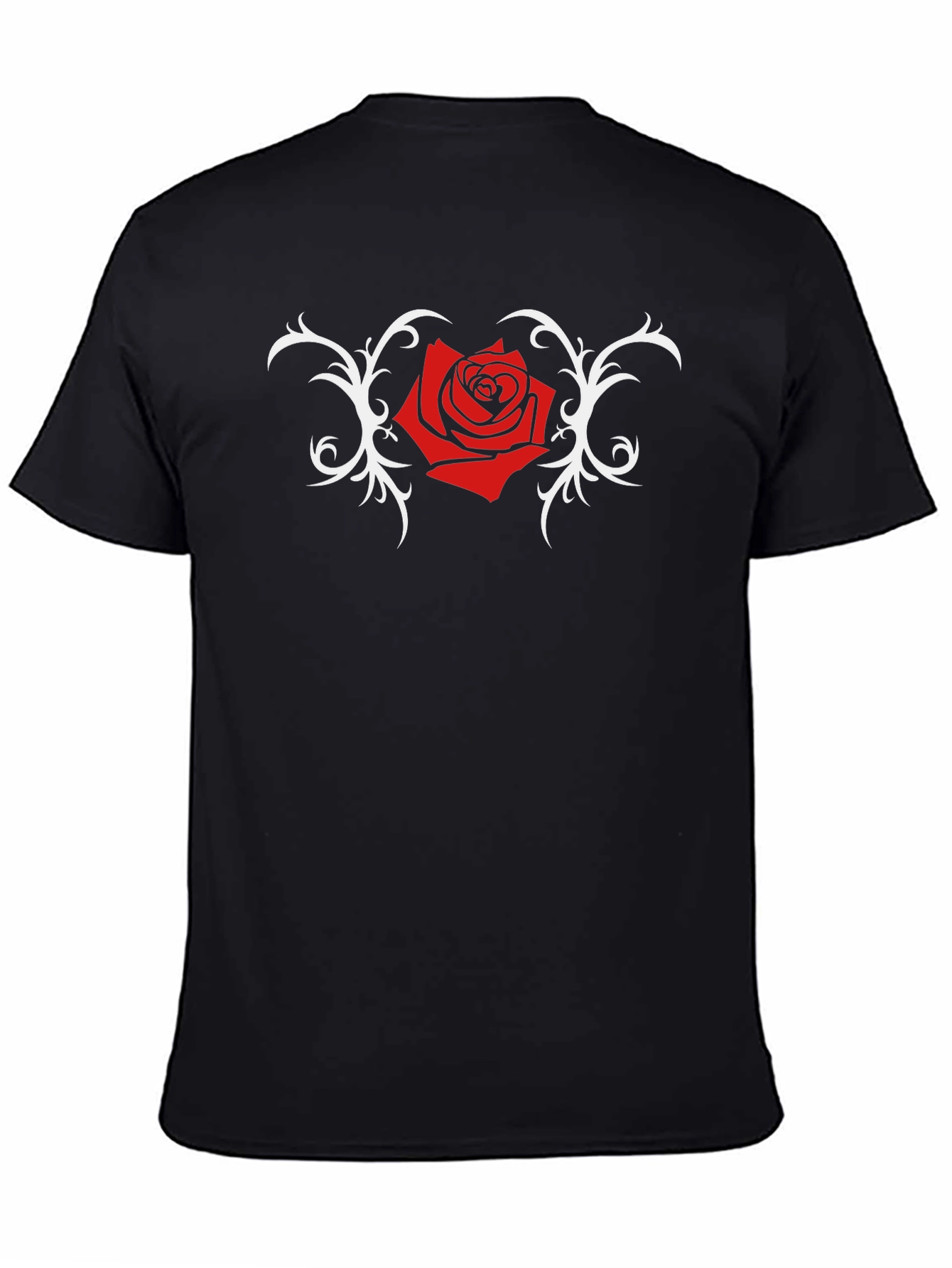 Black T-Shirt with Red Rose and Vine Design