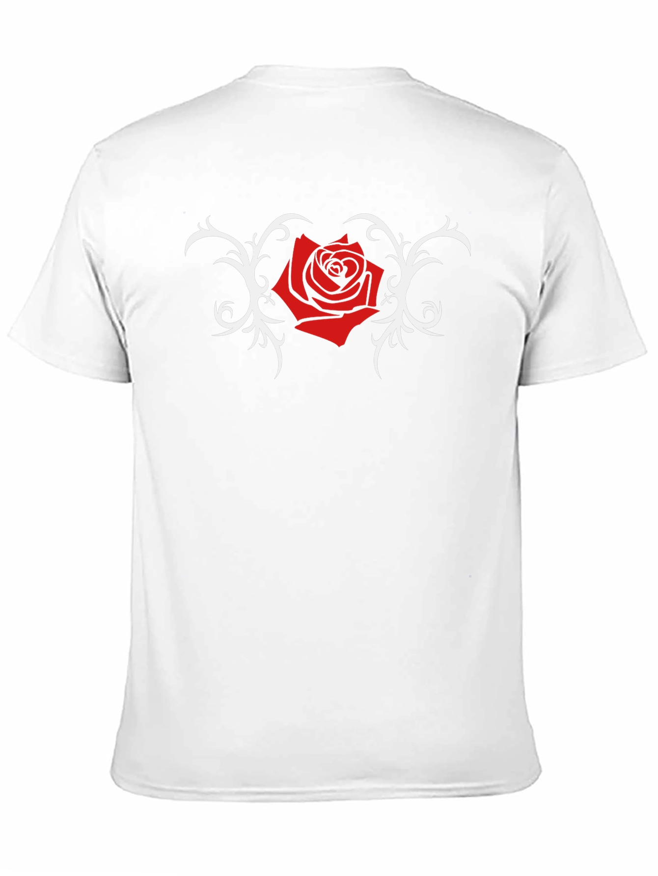 Black T-Shirt with Red Rose and Vine Design