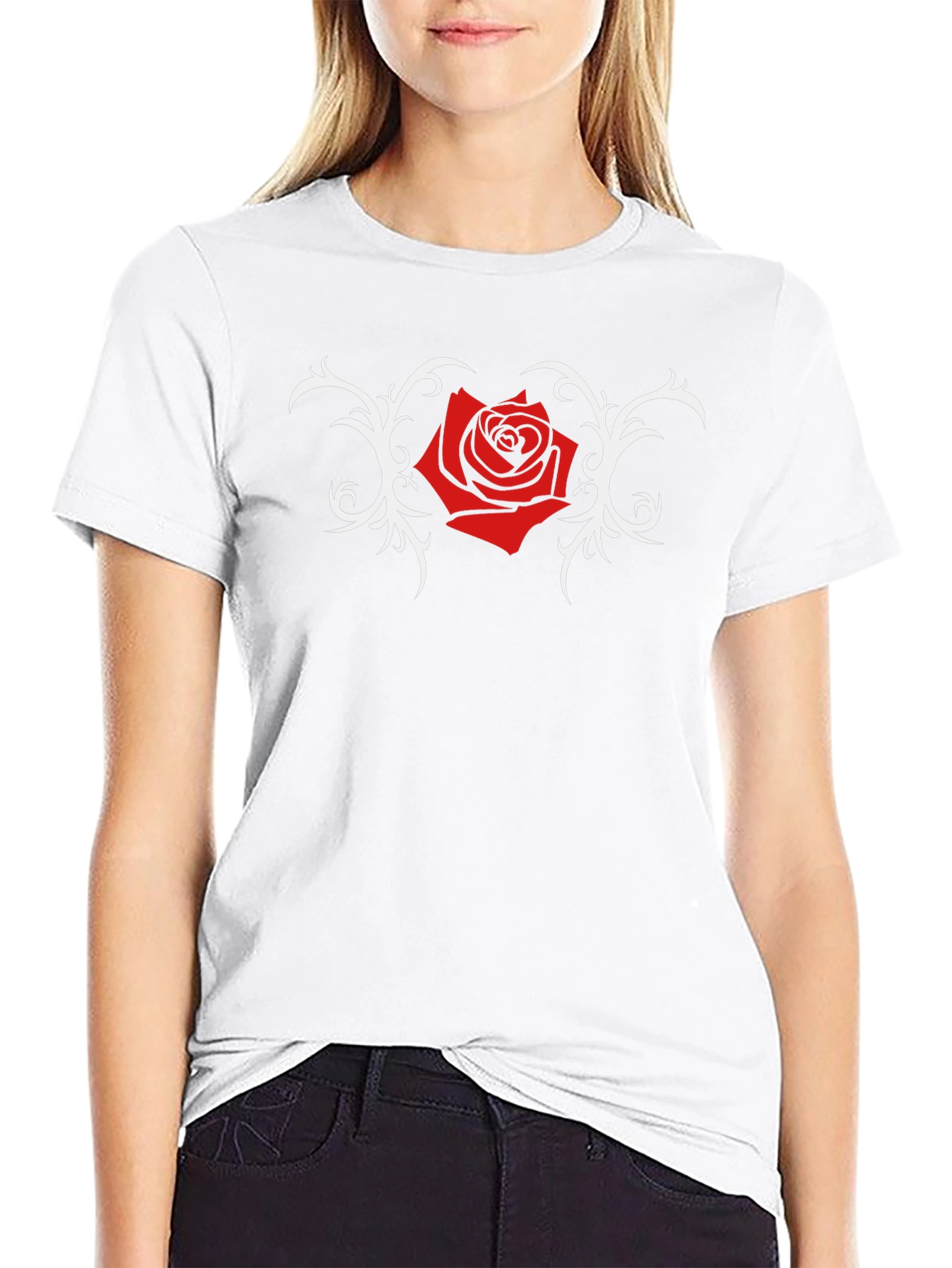 Black T-Shirt with Red Rose and Vine Design