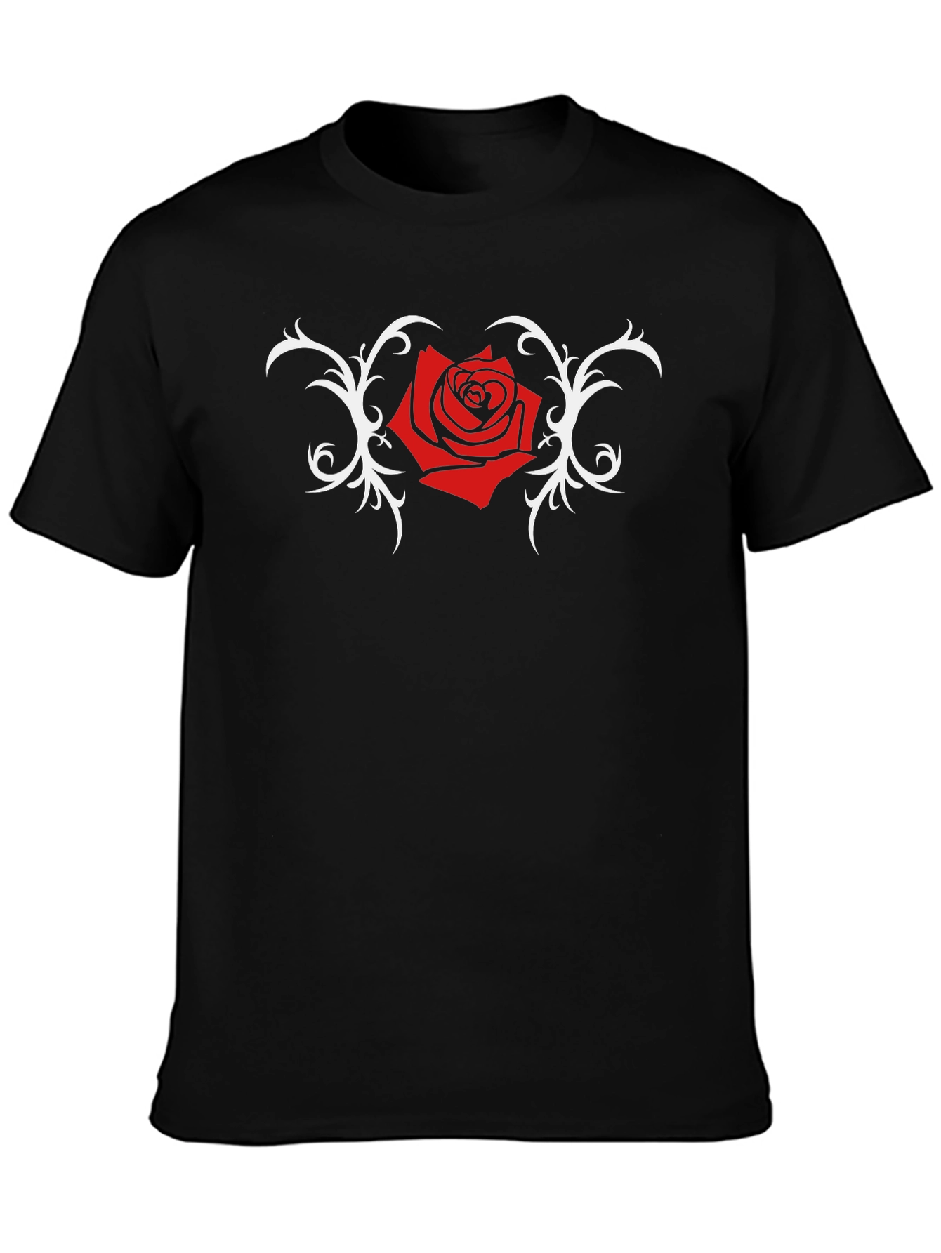 Black T-Shirt with Red Rose and Vine Design
