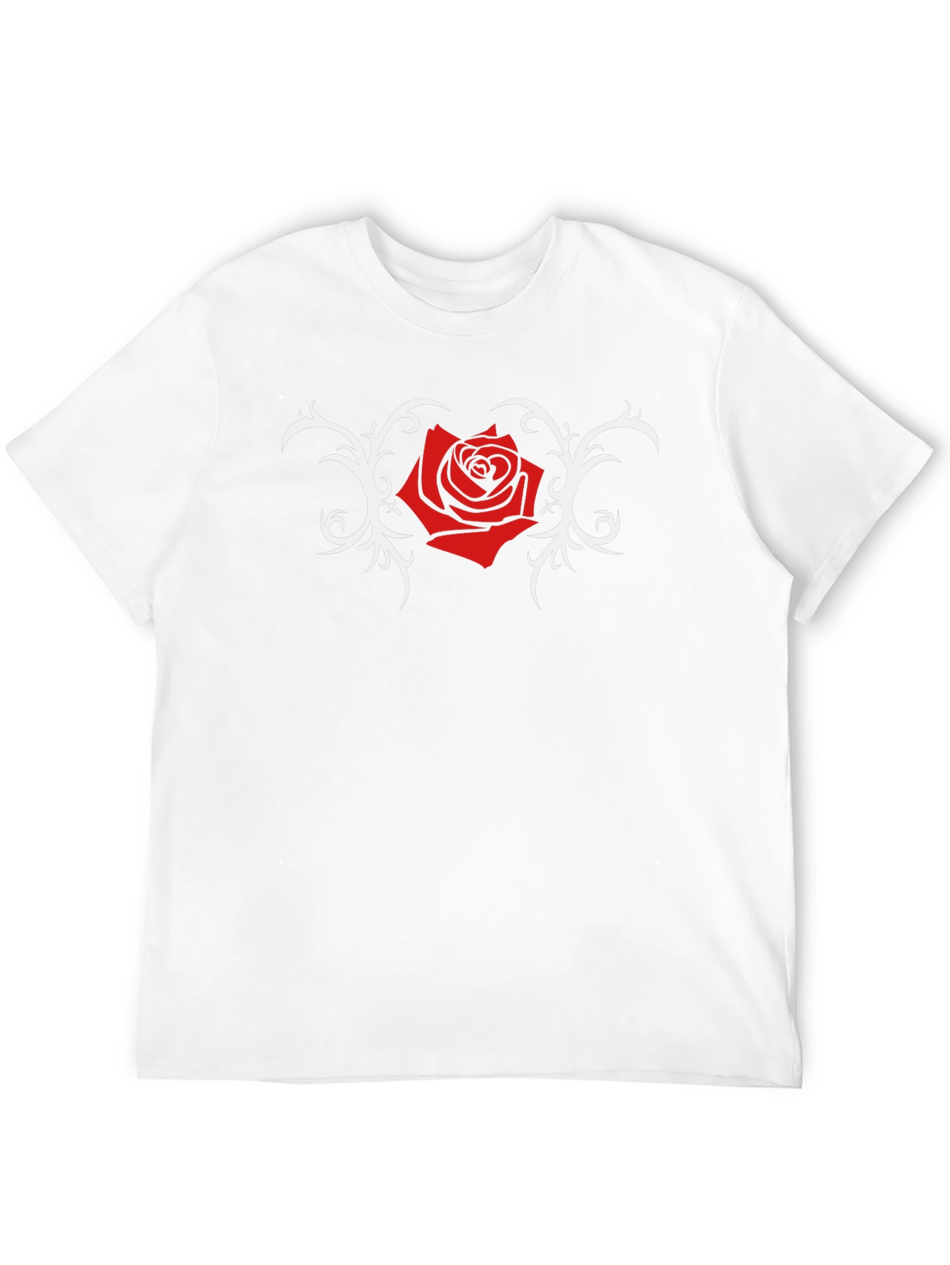 Black T-Shirt with Red Rose and Vine Design