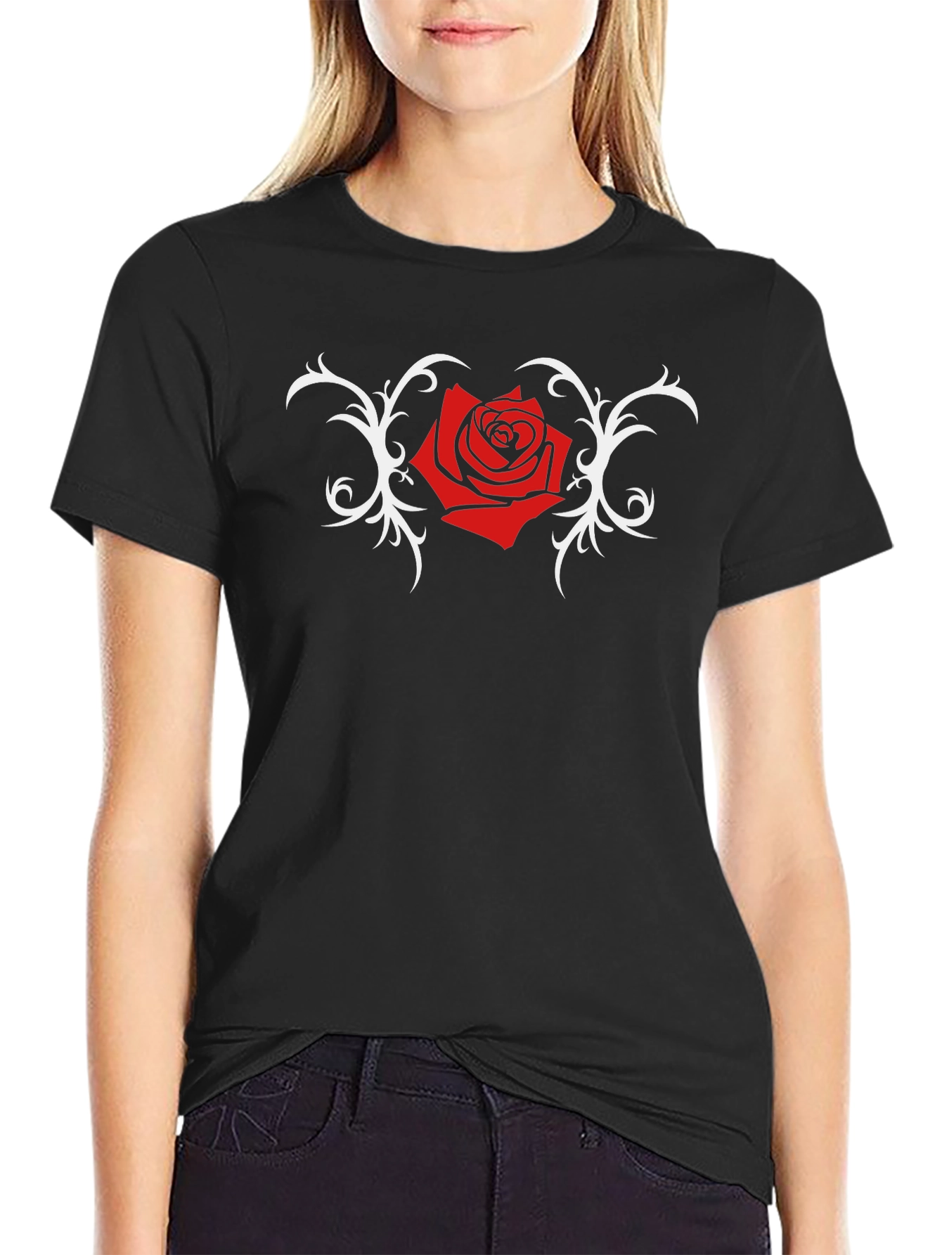 Black T-Shirt with Red Rose and Vine Design