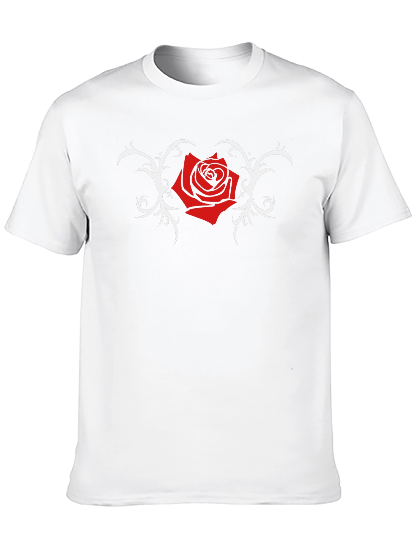 Black T-Shirt with Red Rose and Vine Design