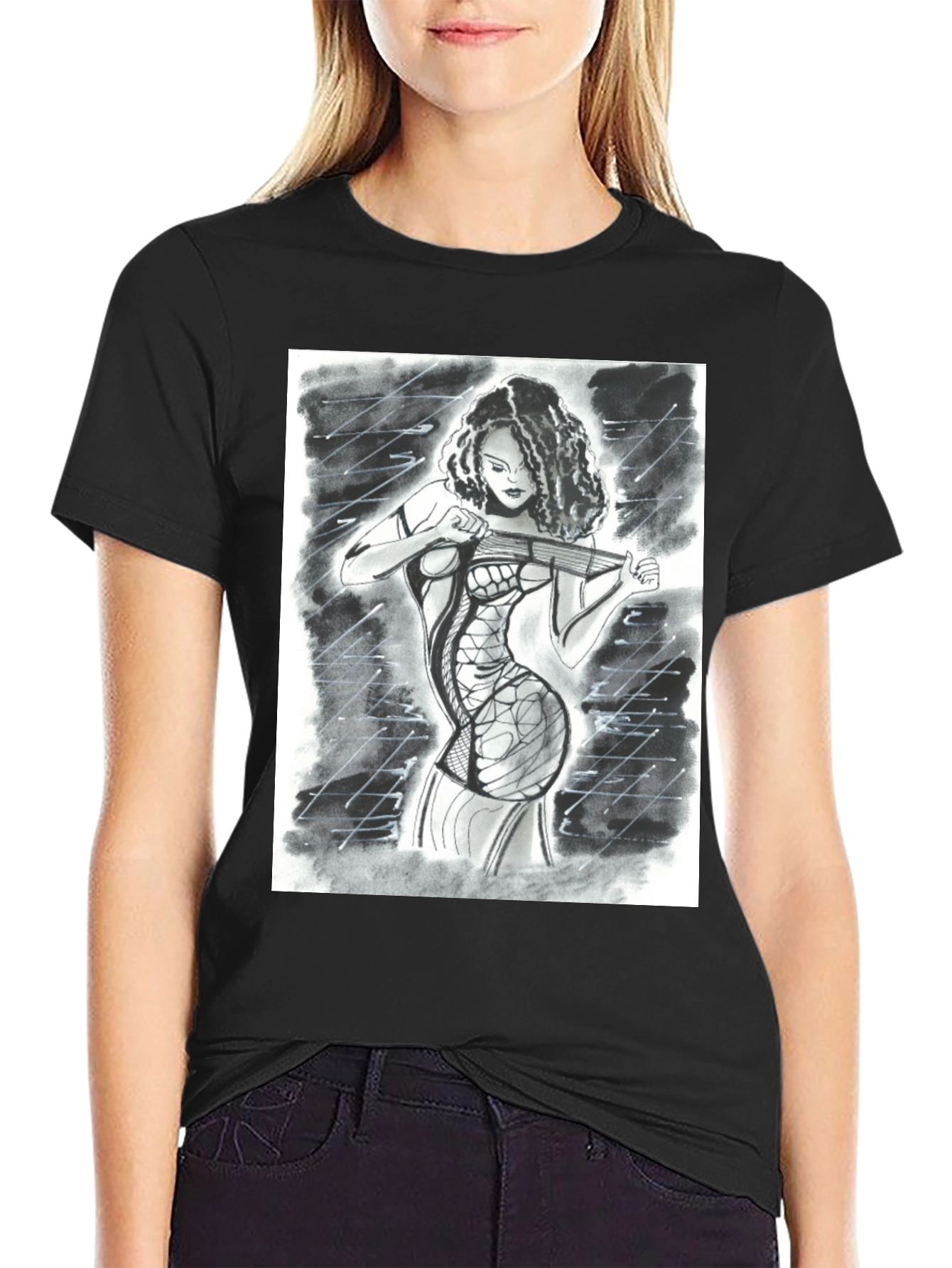 Edgy Artistic Woman Black T-Shirt