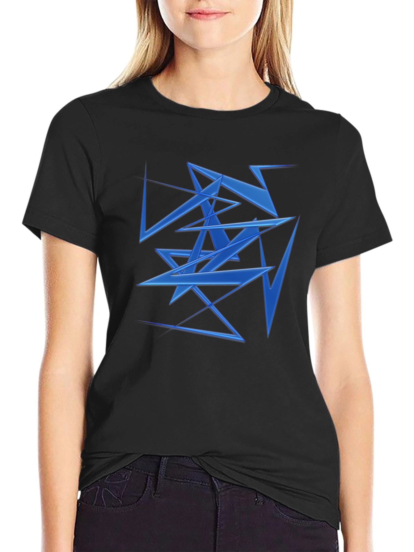 Abstract Geometric Blue Pattern Black T-Shirt
