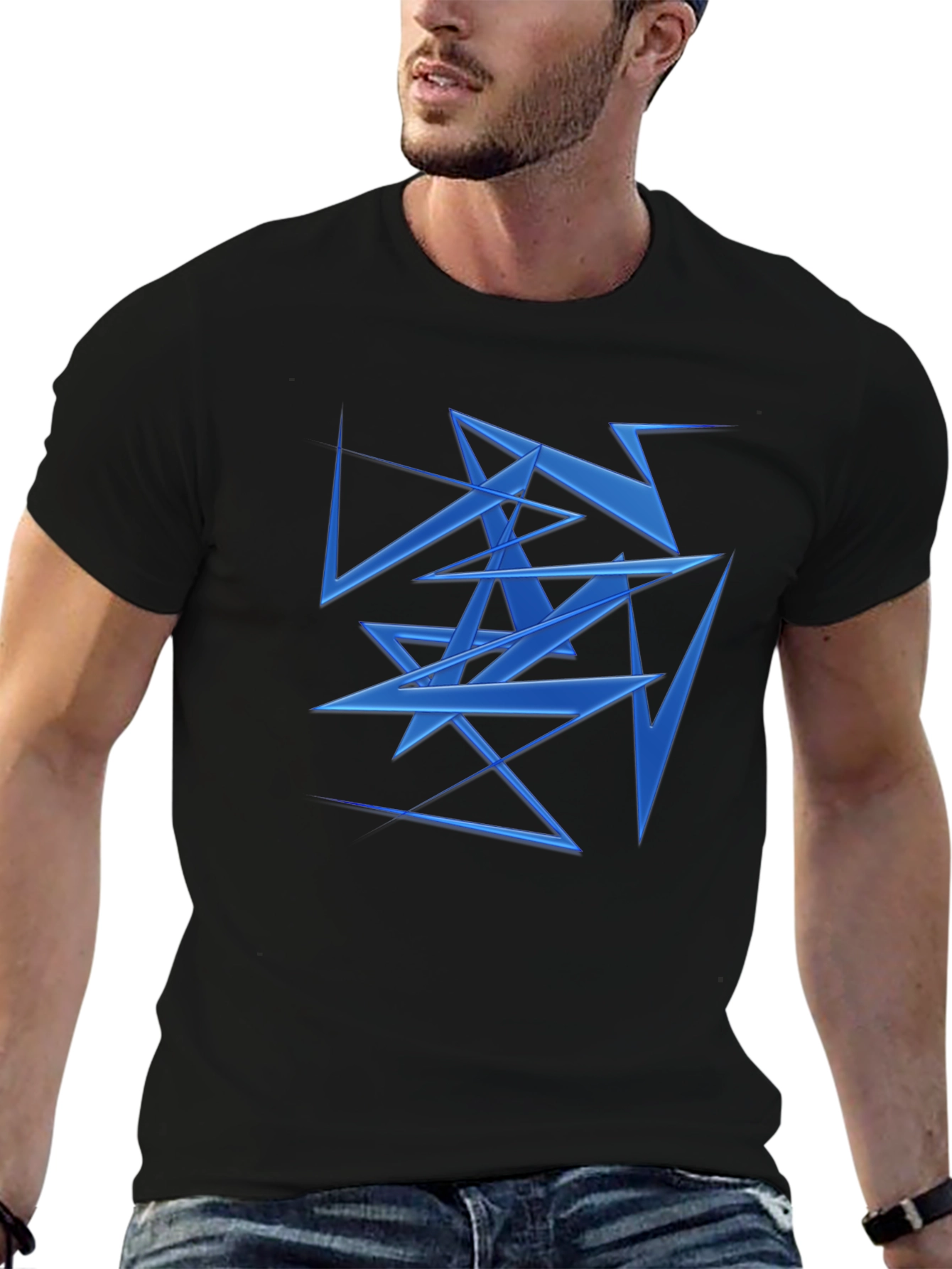 Abstract Geometric Blue Pattern Black T-Shirt