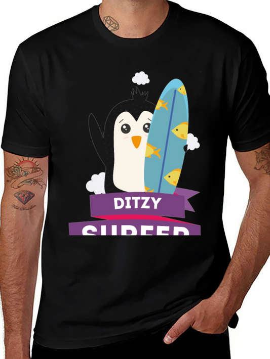 Dizty Surfer Penguin T-Shirt - Cartoon Animal Tee