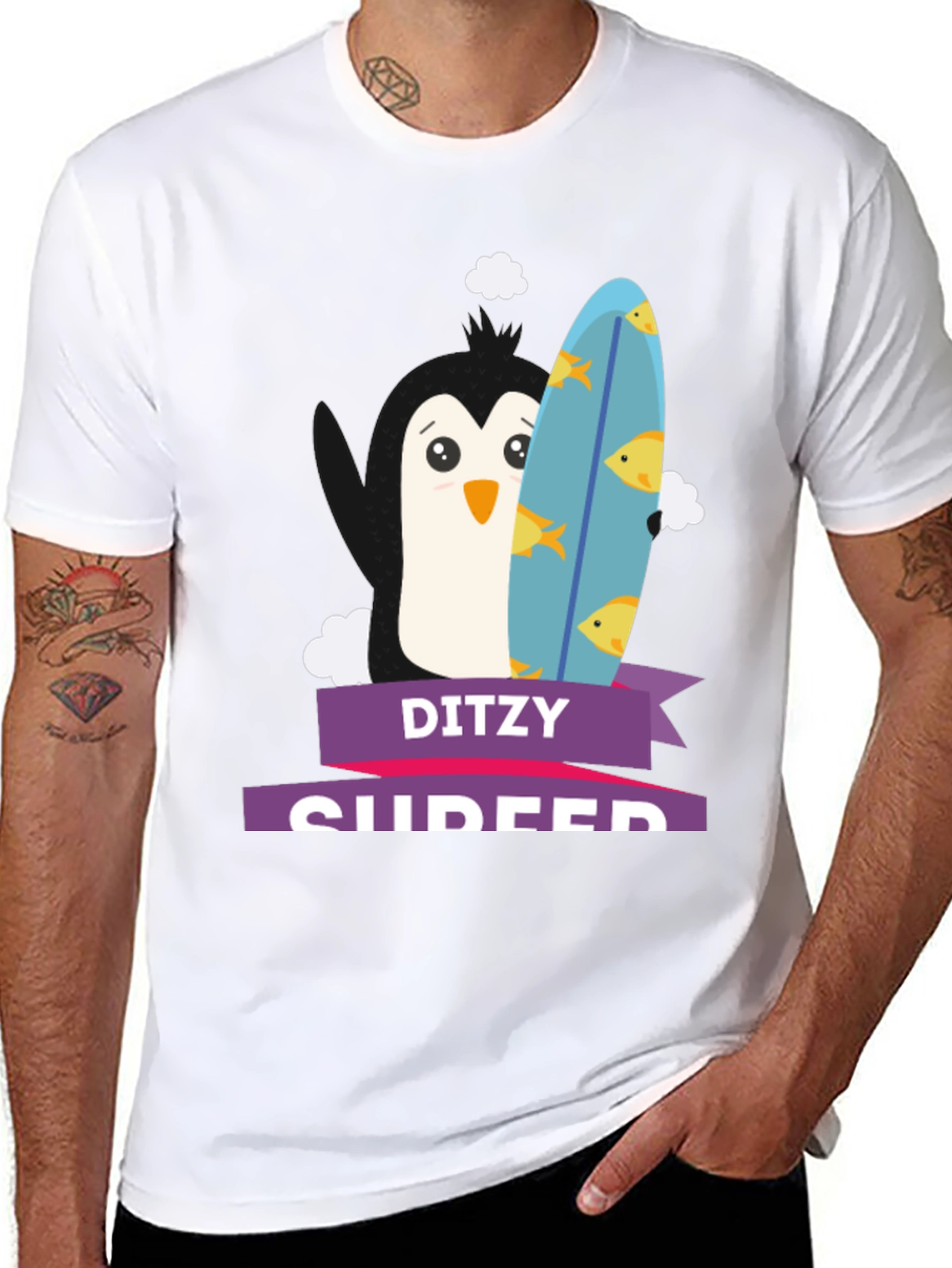 Dizty Surfer Penguin T-Shirt - Cartoon Animal Tee