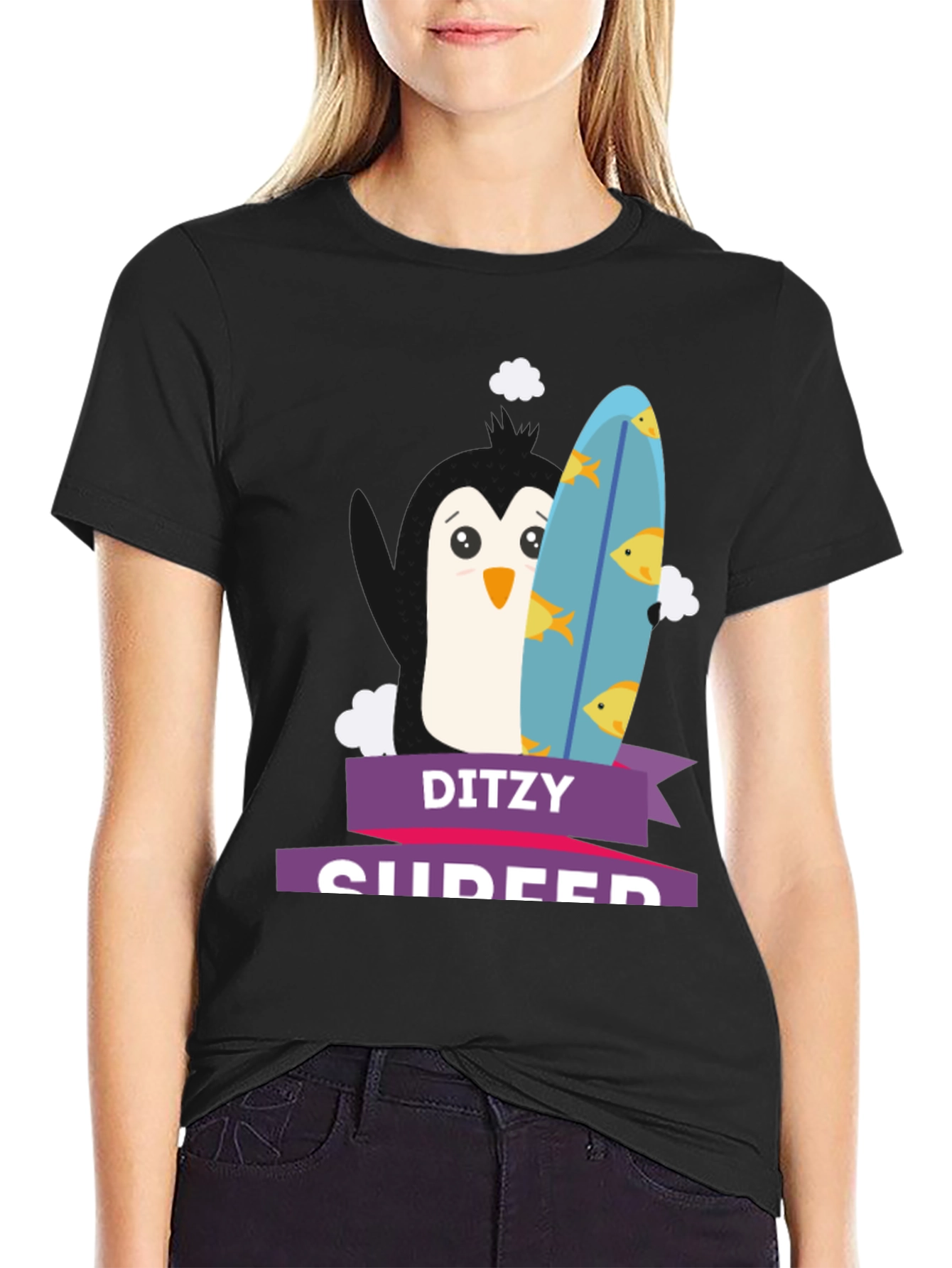 Dizty Surfer Penguin T-Shirt - Cartoon Animal Tee