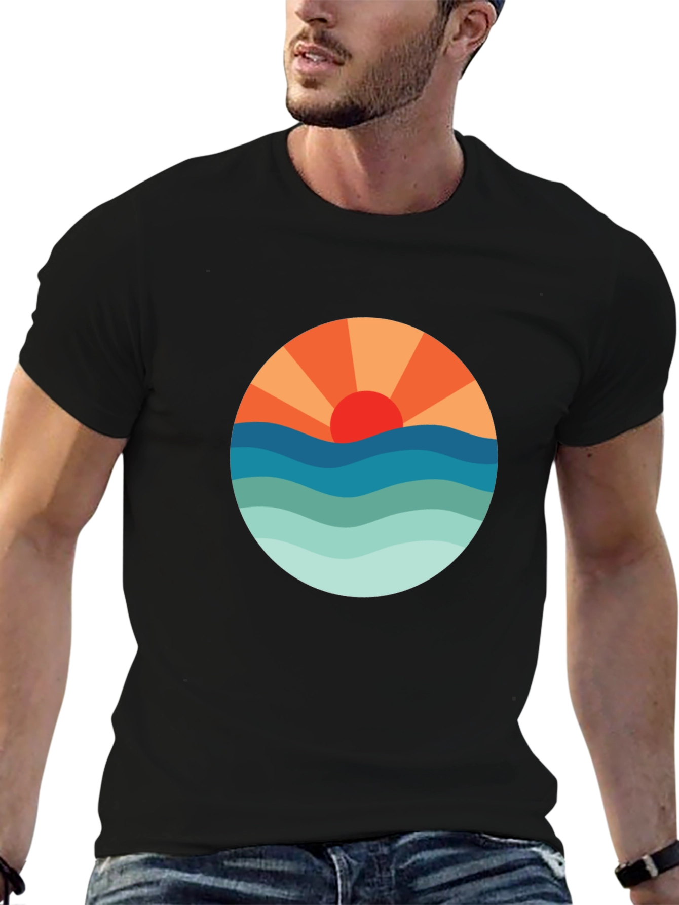 Sunset Waves Graphic Tee - Black Cotton Blend