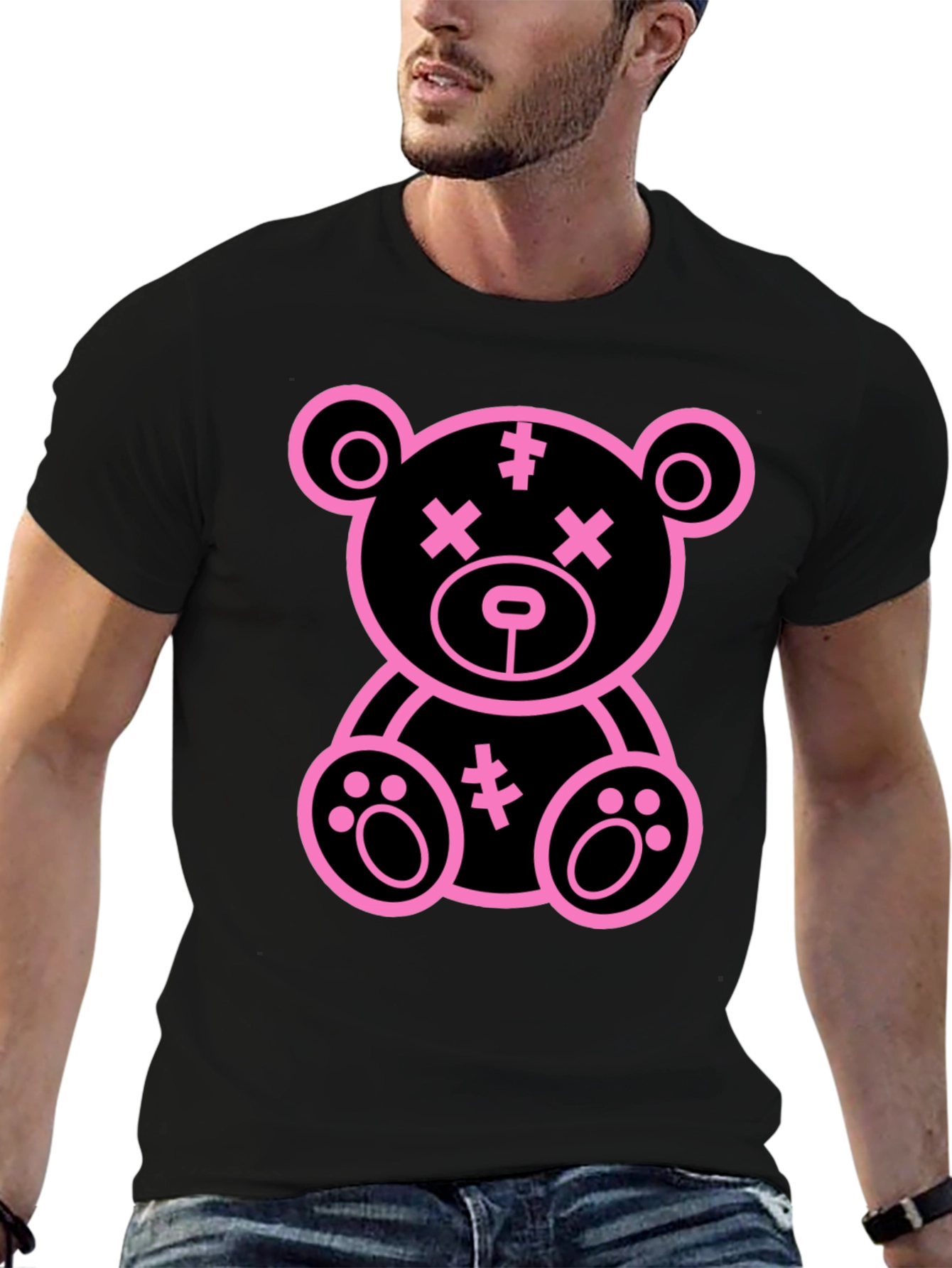 Cool Pink Teddy Bear Graphic Black T-Shirt