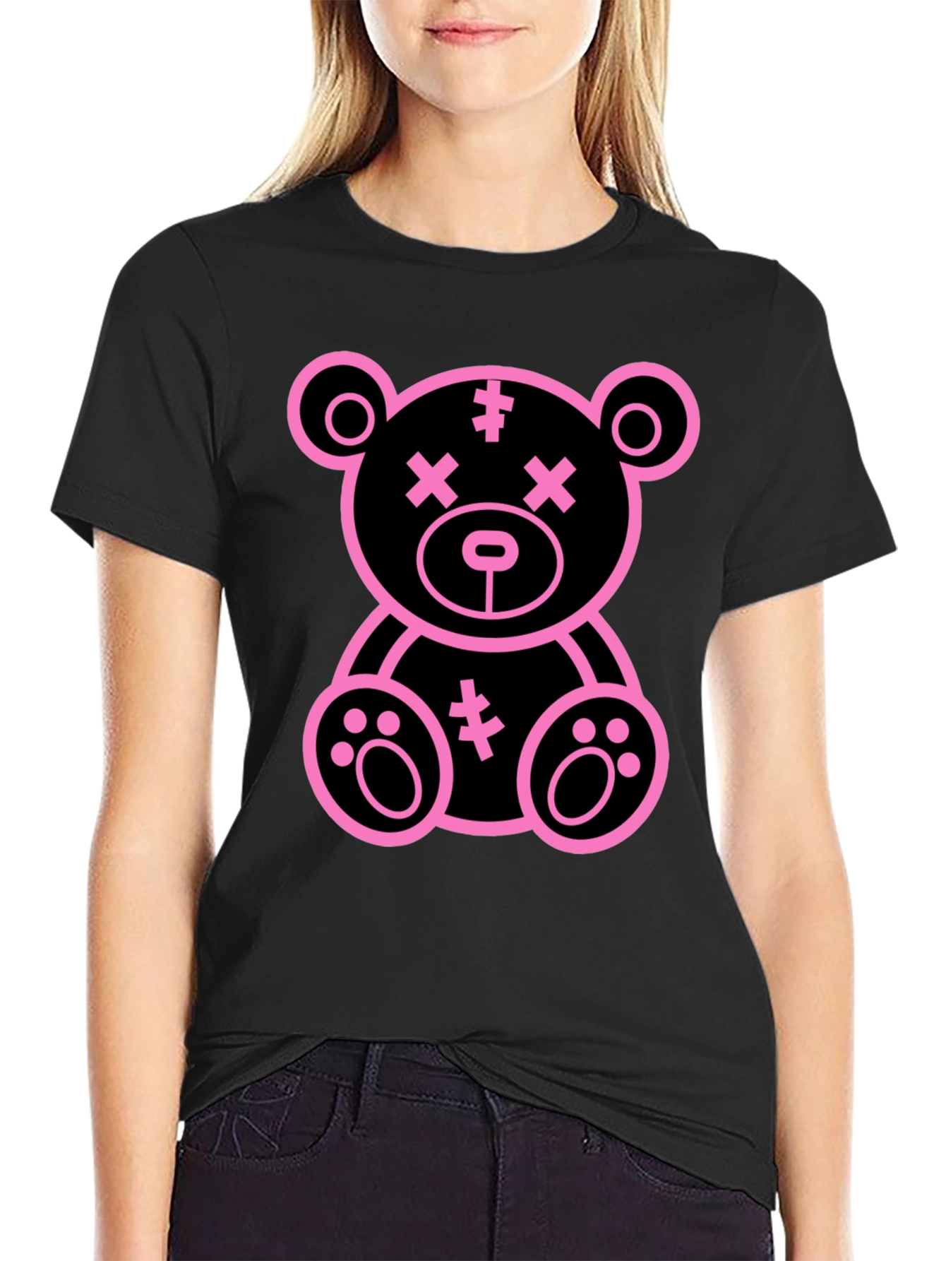 Cool Pink Teddy Bear Graphic Black T-Shirt
