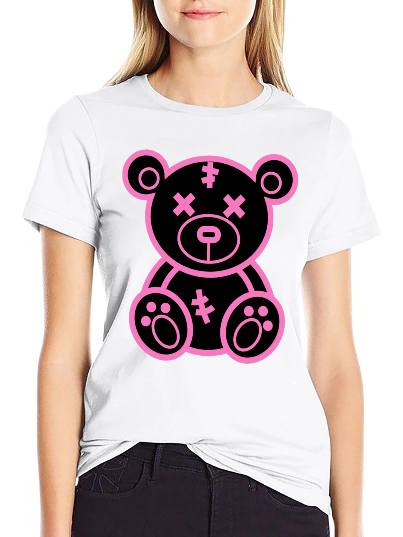 Cool Pink Teddy Bear Graphic Black T-Shirt