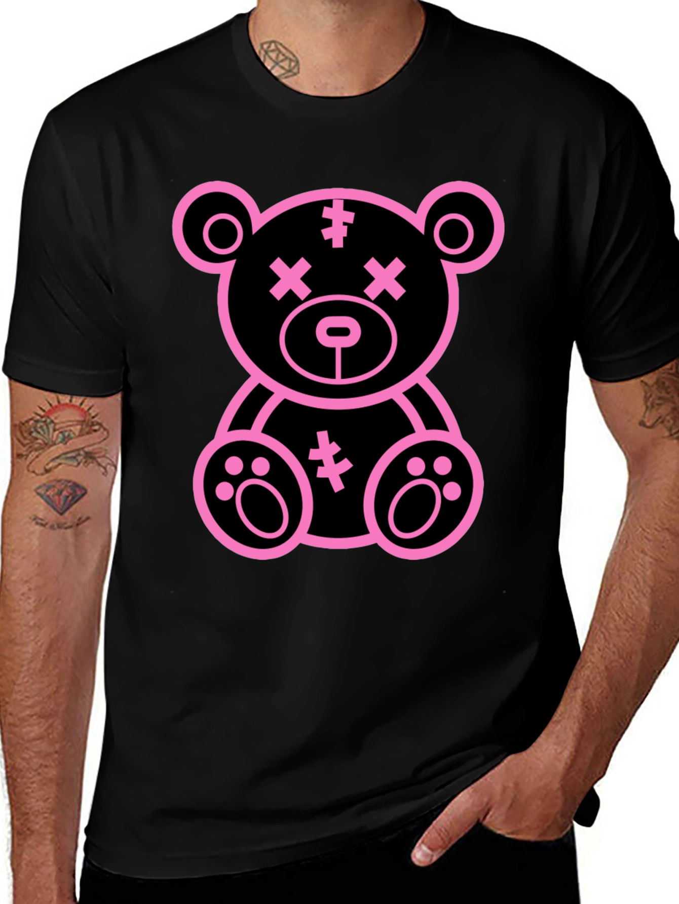 Cool Pink Teddy Bear Graphic Black T-Shirt