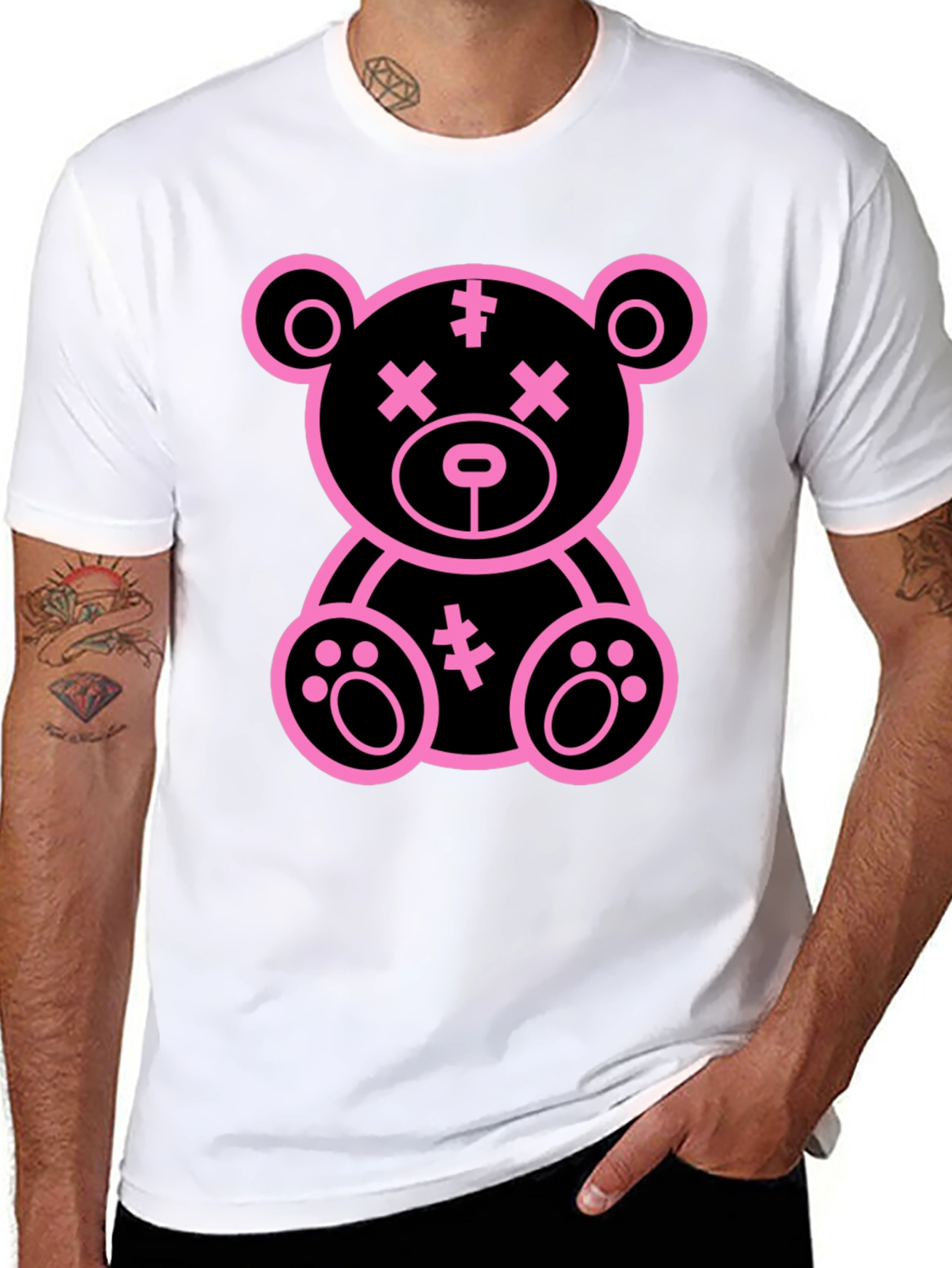 Cool Pink Teddy Bear Graphic Black T-Shirt