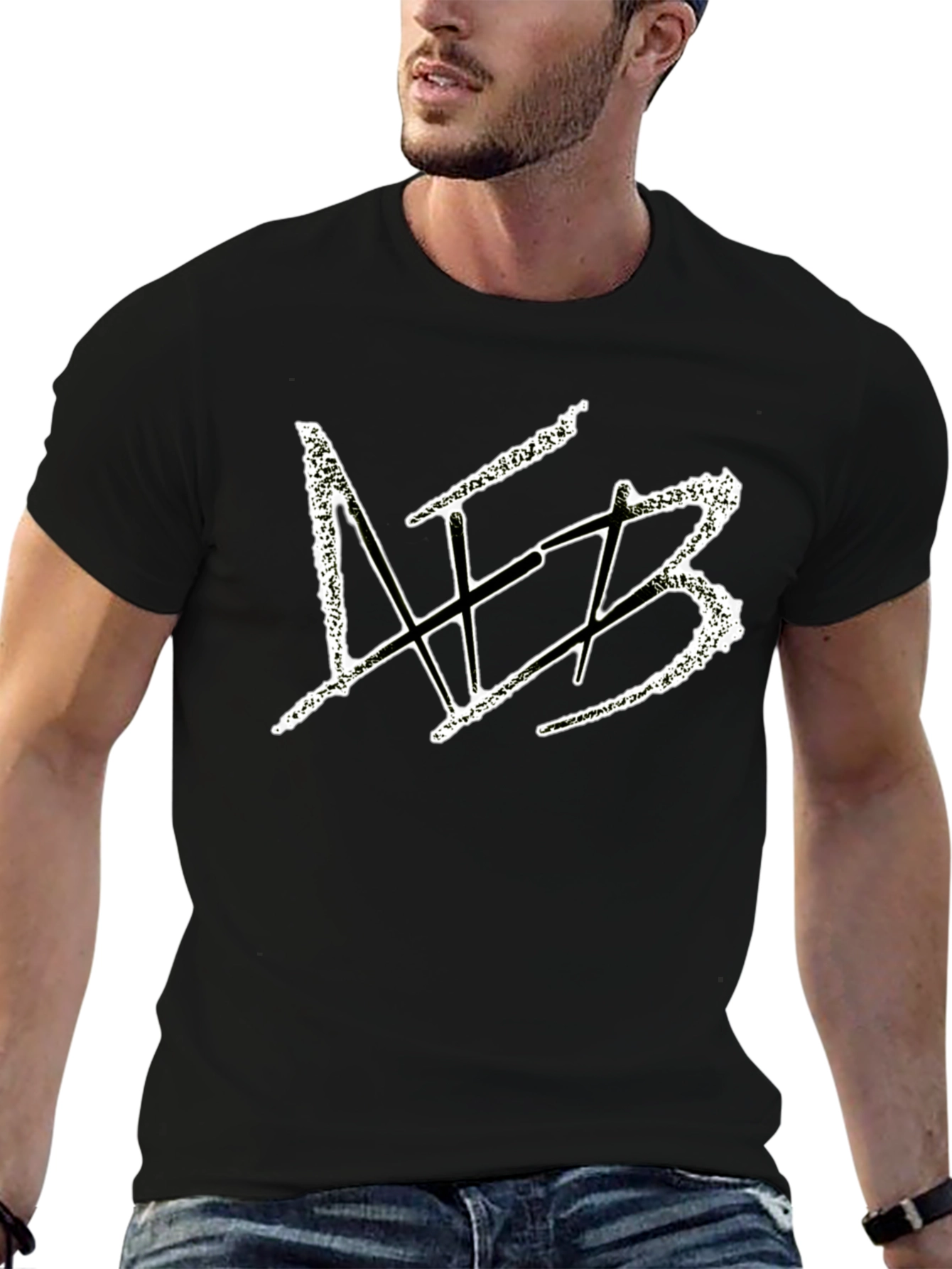 Mens Black Graphic Tee - Distressed White Design