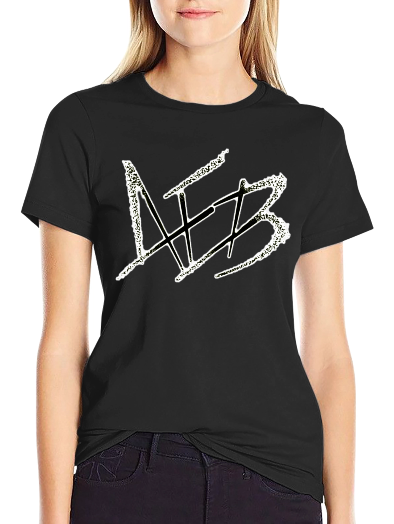 Mens Black Graphic Tee - Distressed White Design