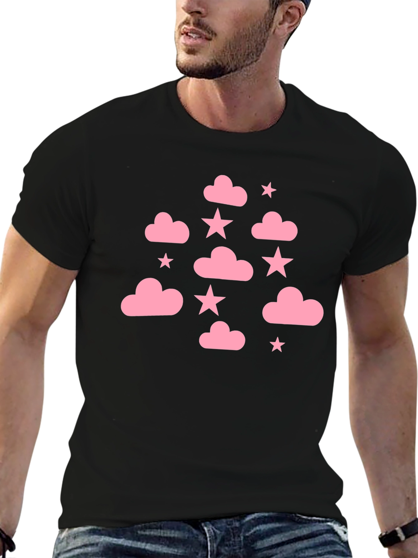 Pink Cloud & Star Black T-Shirt