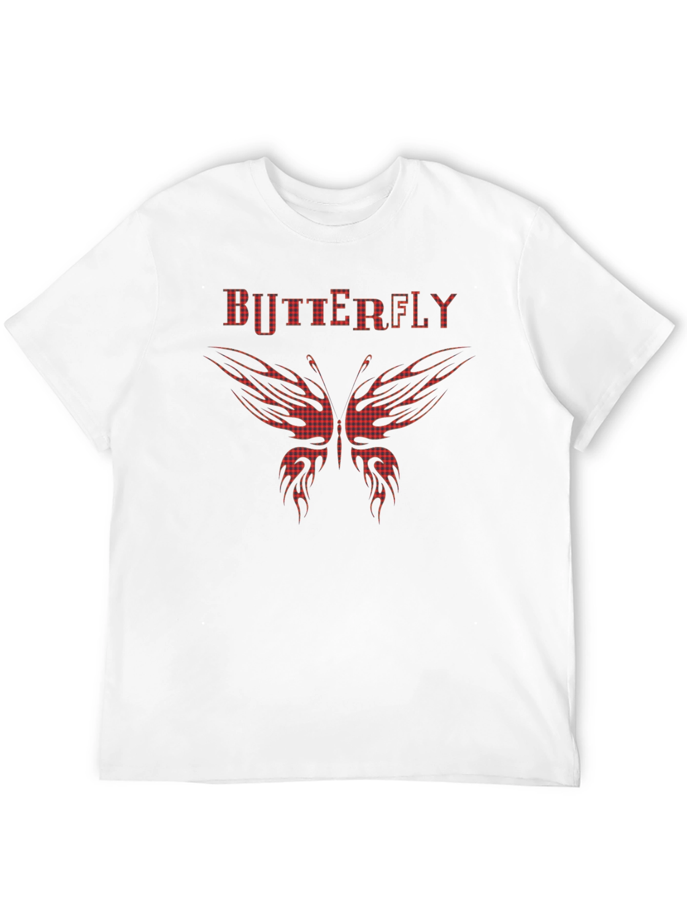 Butterfly Plaid Print Black T-Shirt