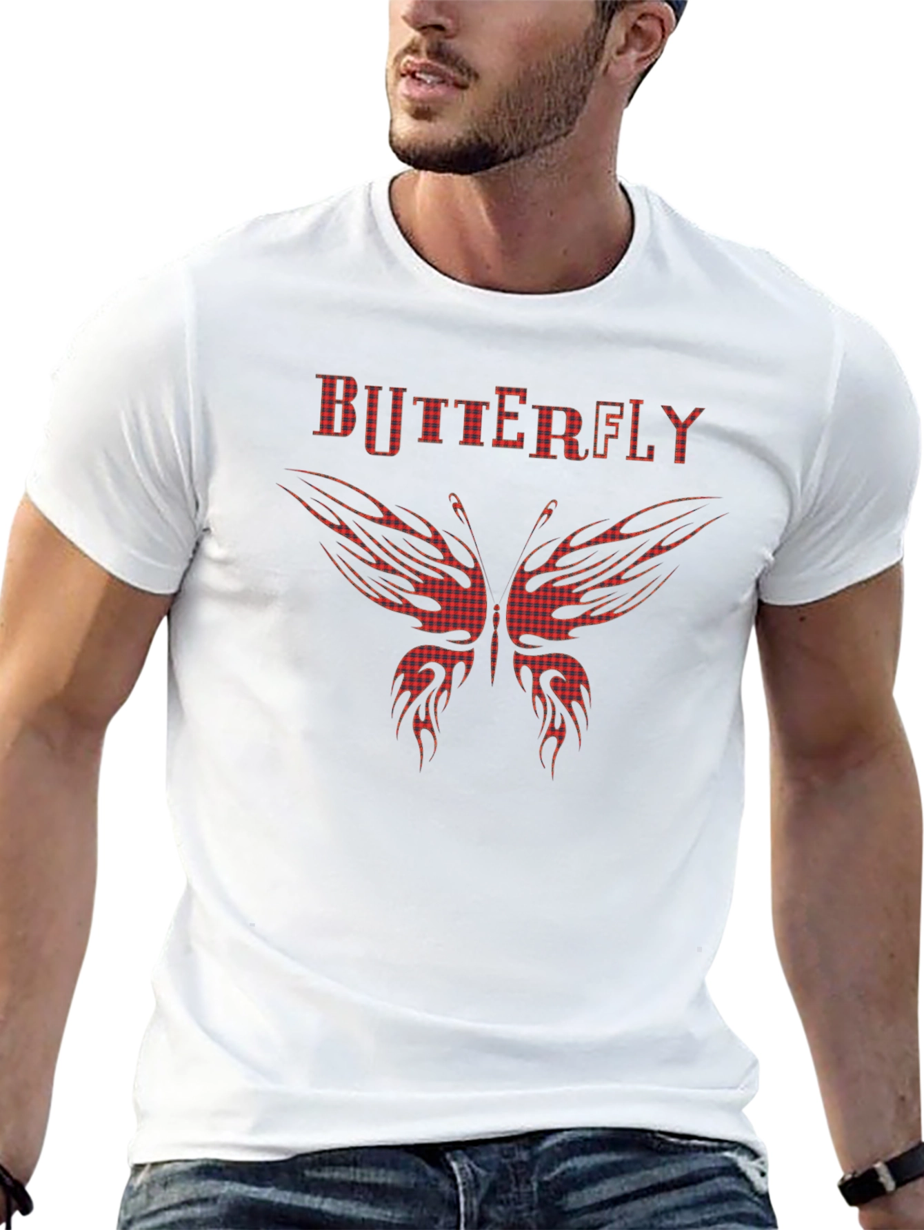 Butterfly Plaid Print Black T-Shirt
