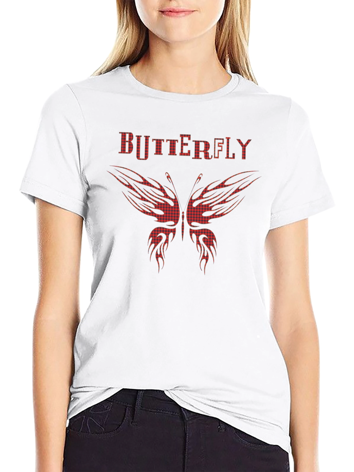 Butterfly Plaid Print Black T-Shirt