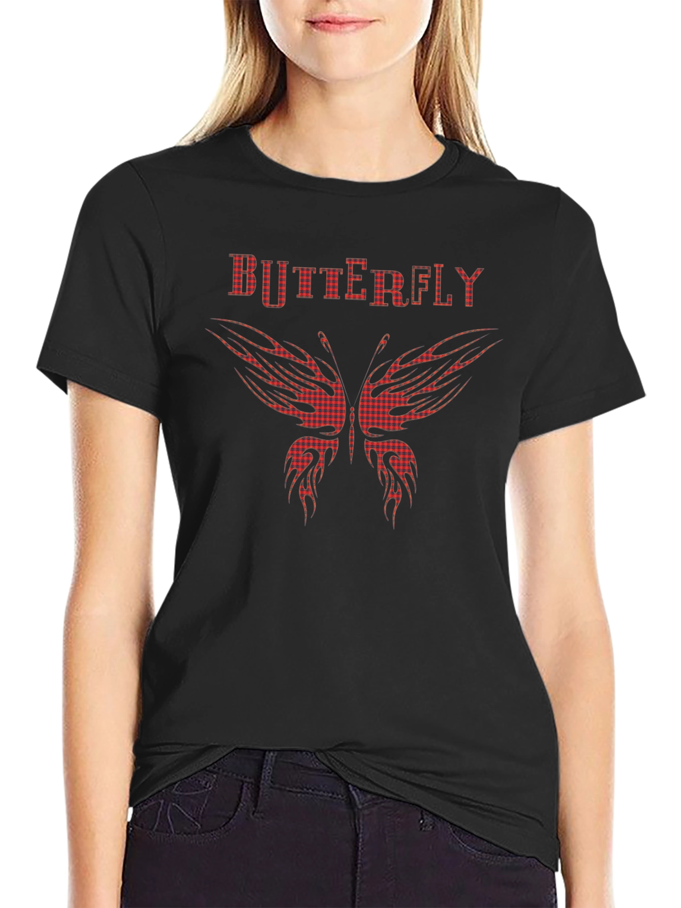 Butterfly Plaid Print Black T-Shirt
