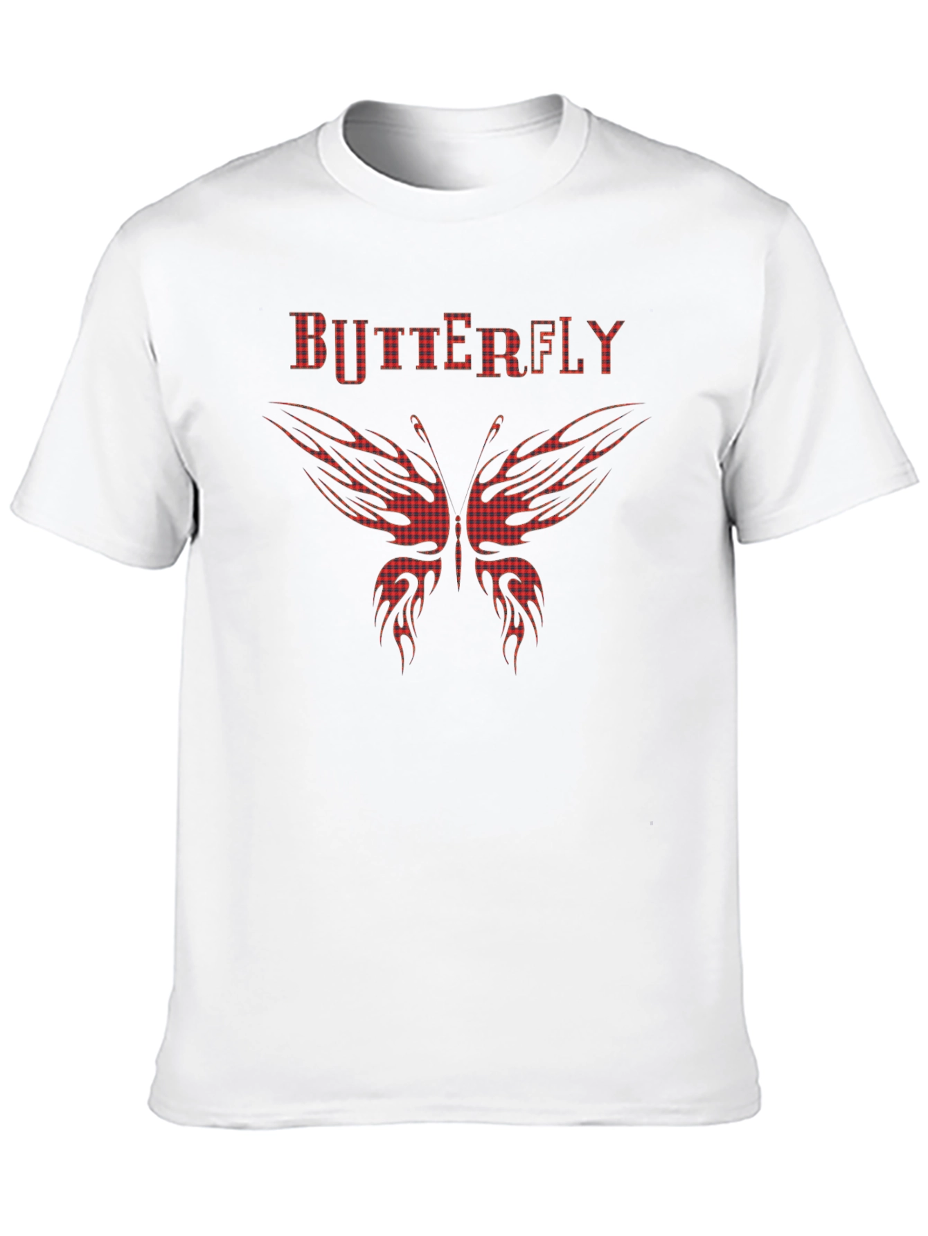 Butterfly Plaid Print Black T-Shirt