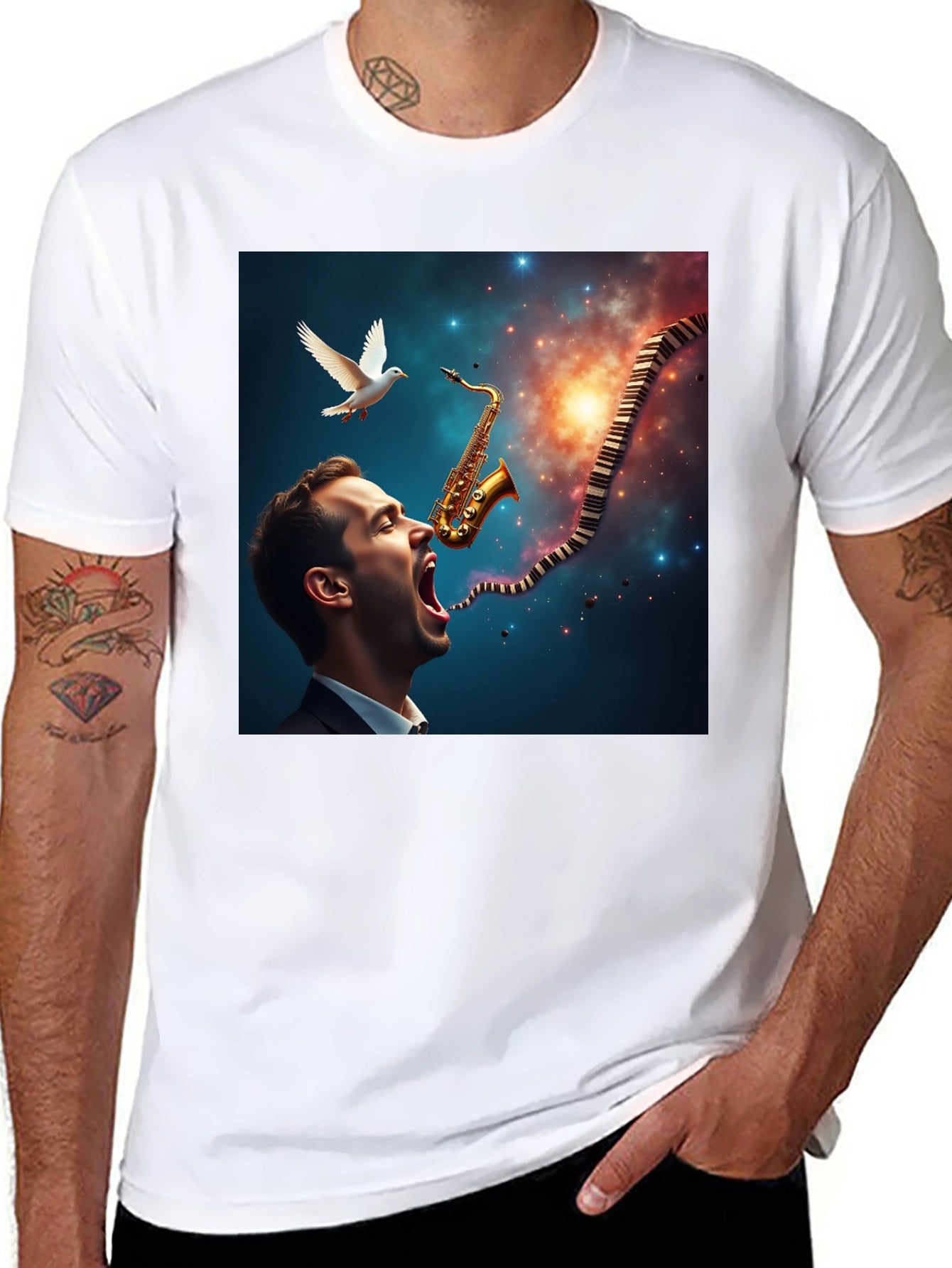 Jazz Harmony T-Shirt: Saxophone & Piano Keys Design
