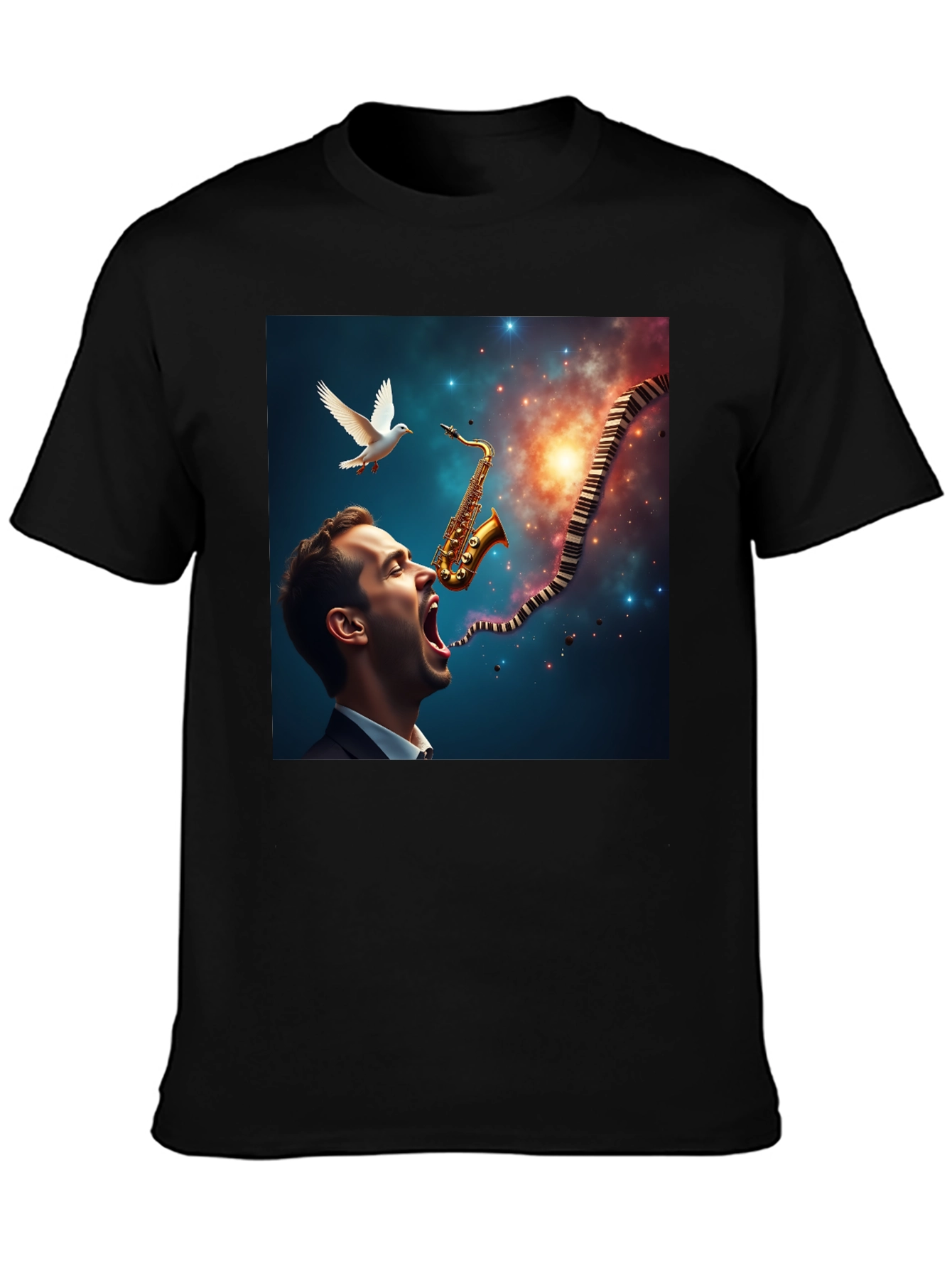 Jazz Harmony T-Shirt: Saxophone & Piano Keys Design