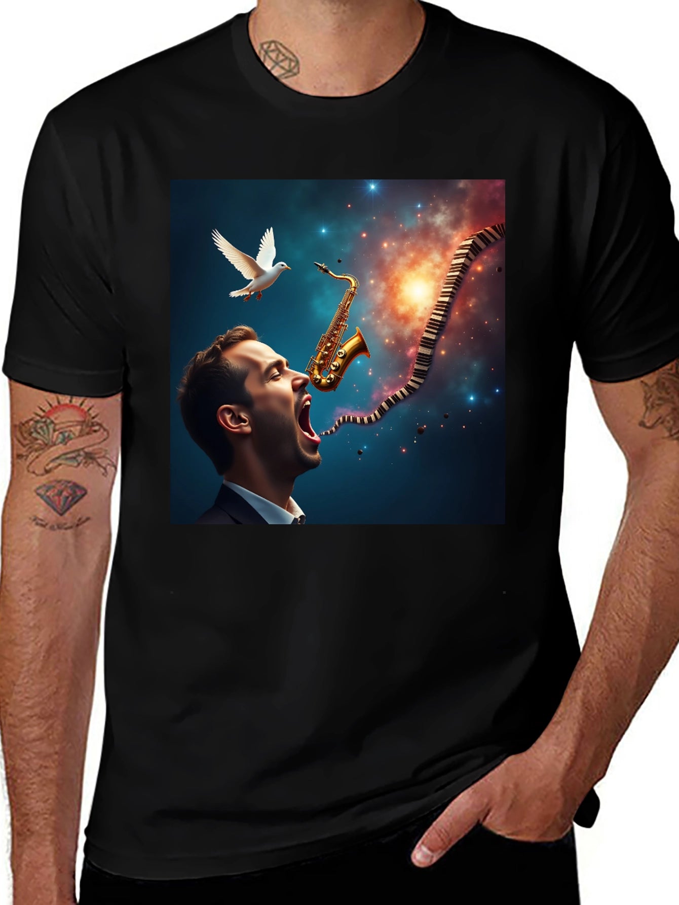 Jazz Harmony T-Shirt: Saxophone & Piano Keys Design