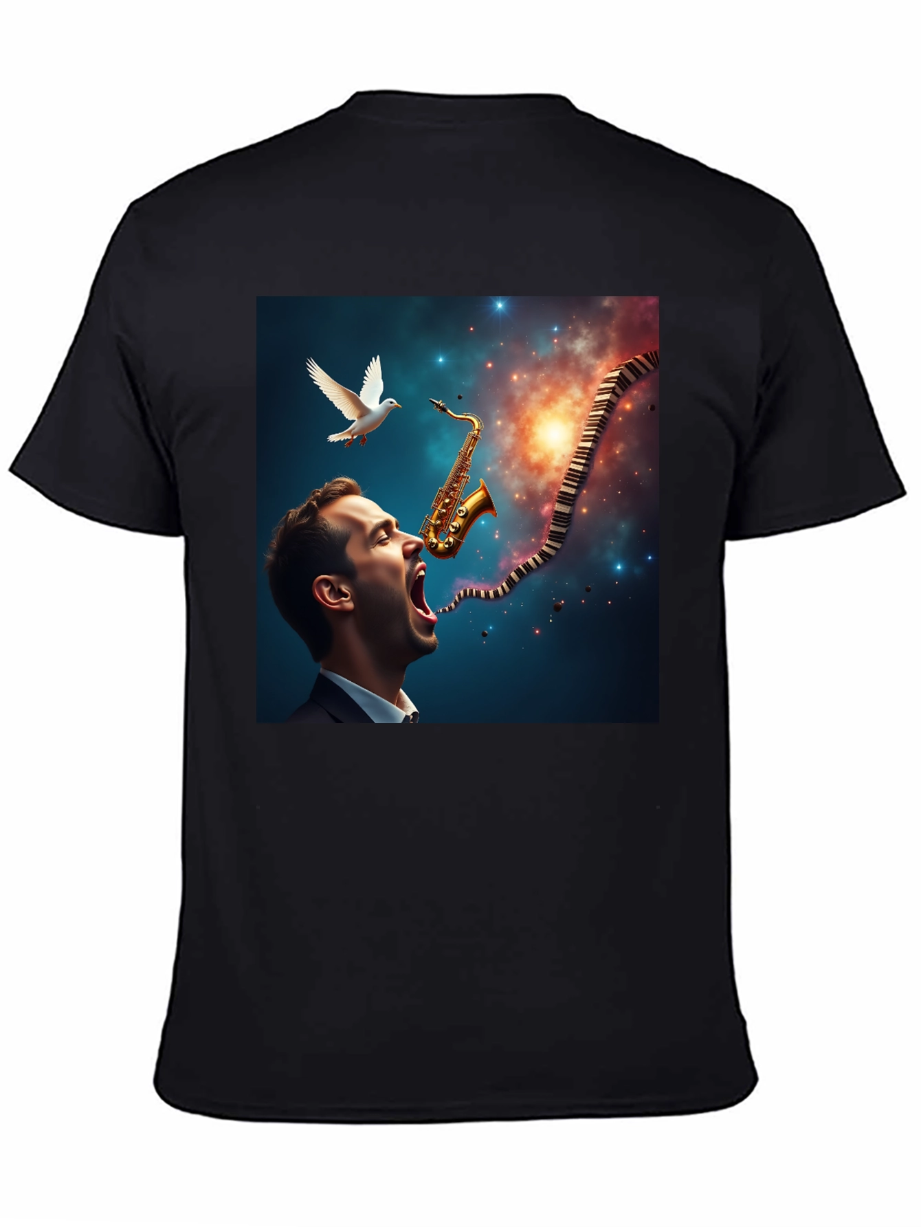 Jazz Harmony T-Shirt: Saxophone & Piano Keys Design