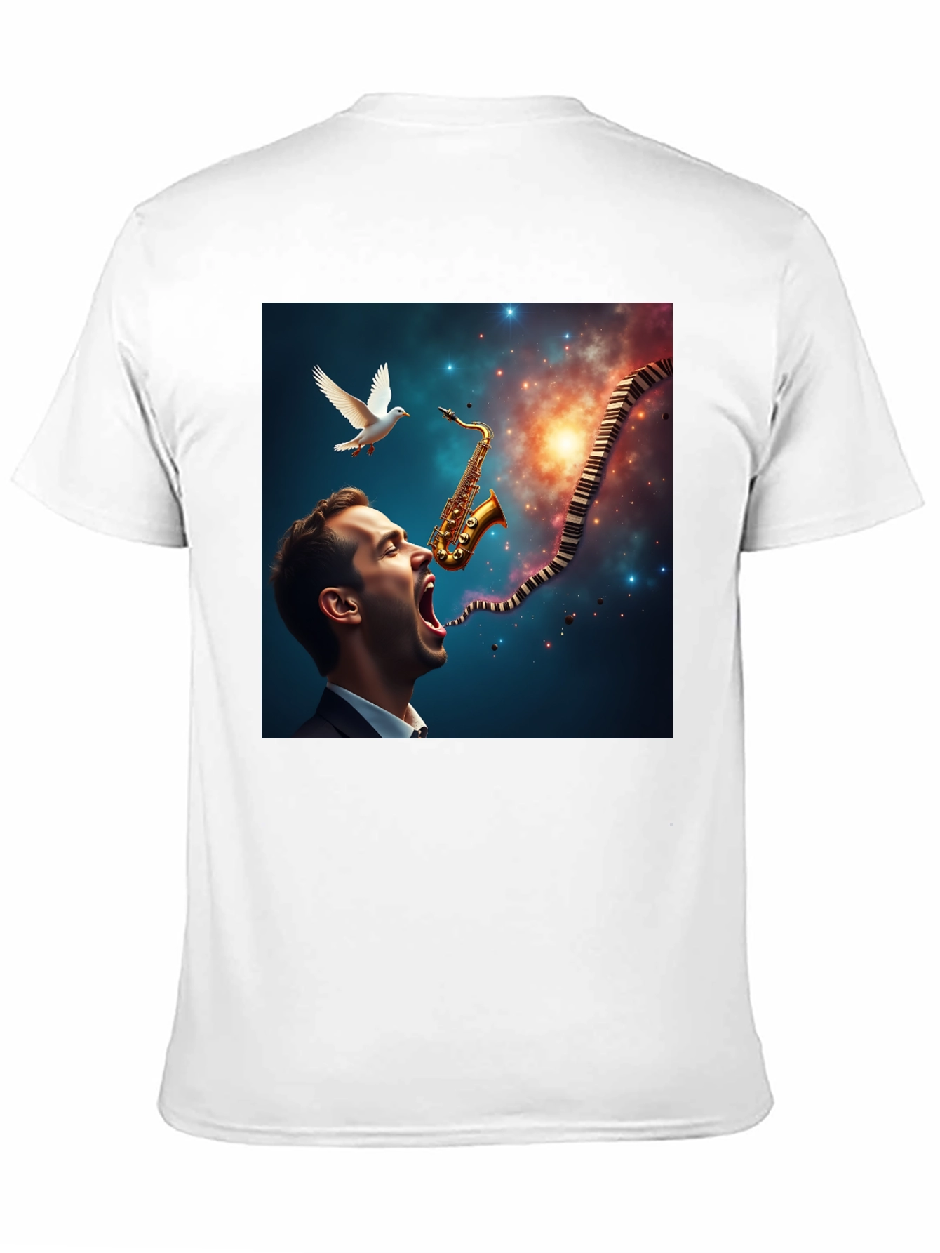Jazz Harmony T-Shirt: Saxophone & Piano Keys Design