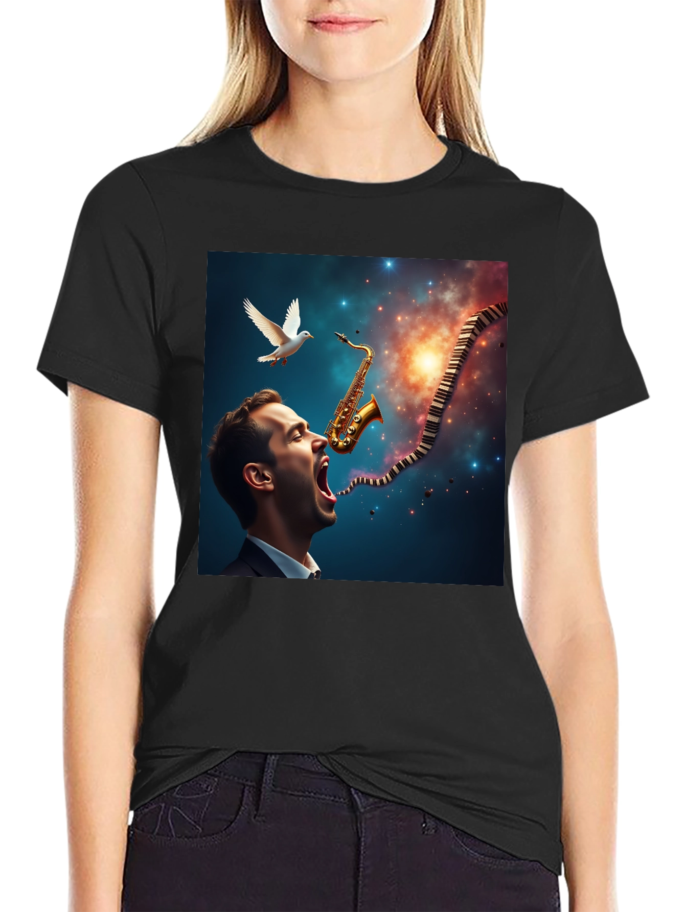 Jazz Harmony T-Shirt: Saxophone & Piano Keys Design
