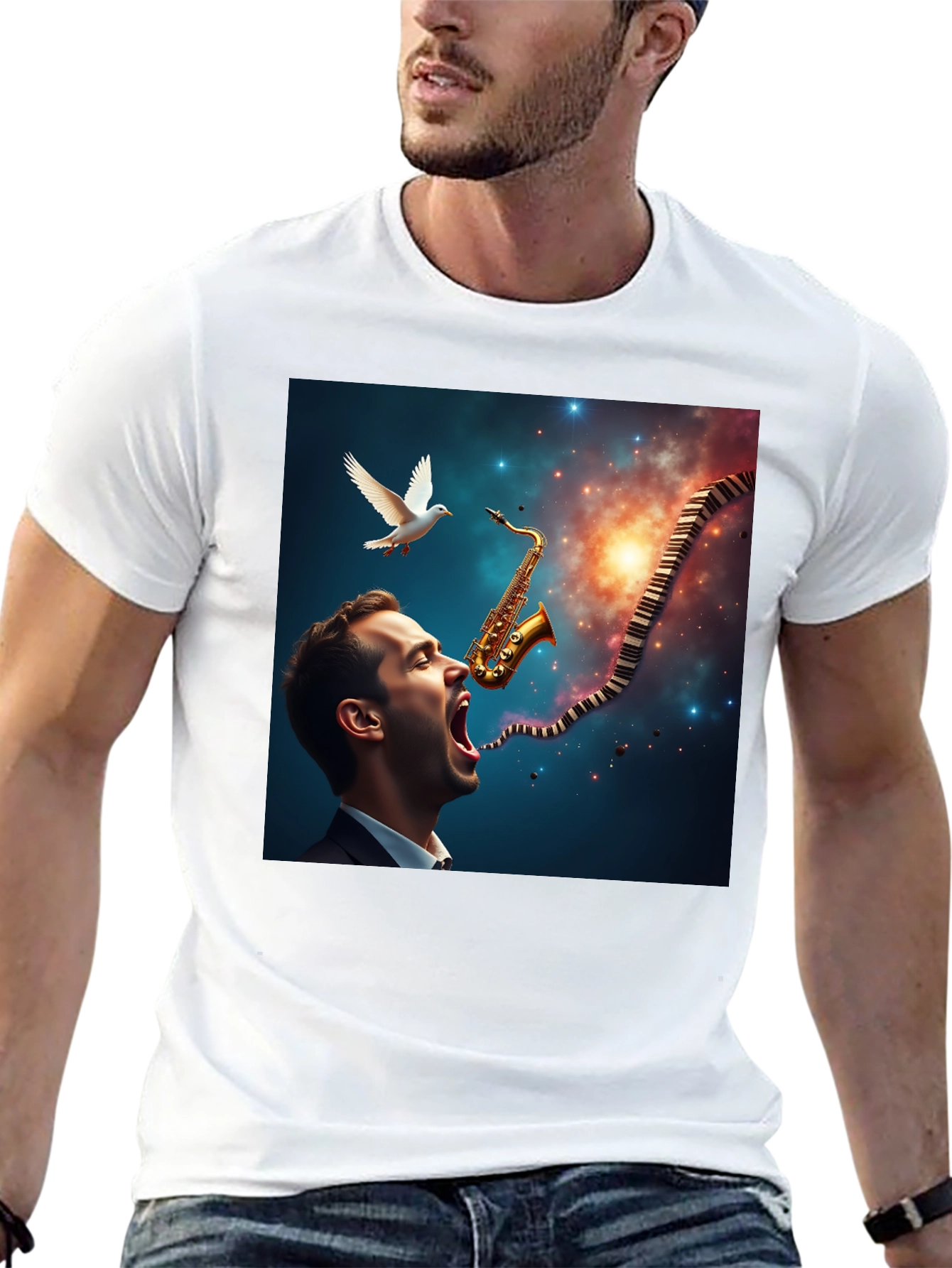 Jazz Harmony T-Shirt: Saxophone & Piano Keys Design