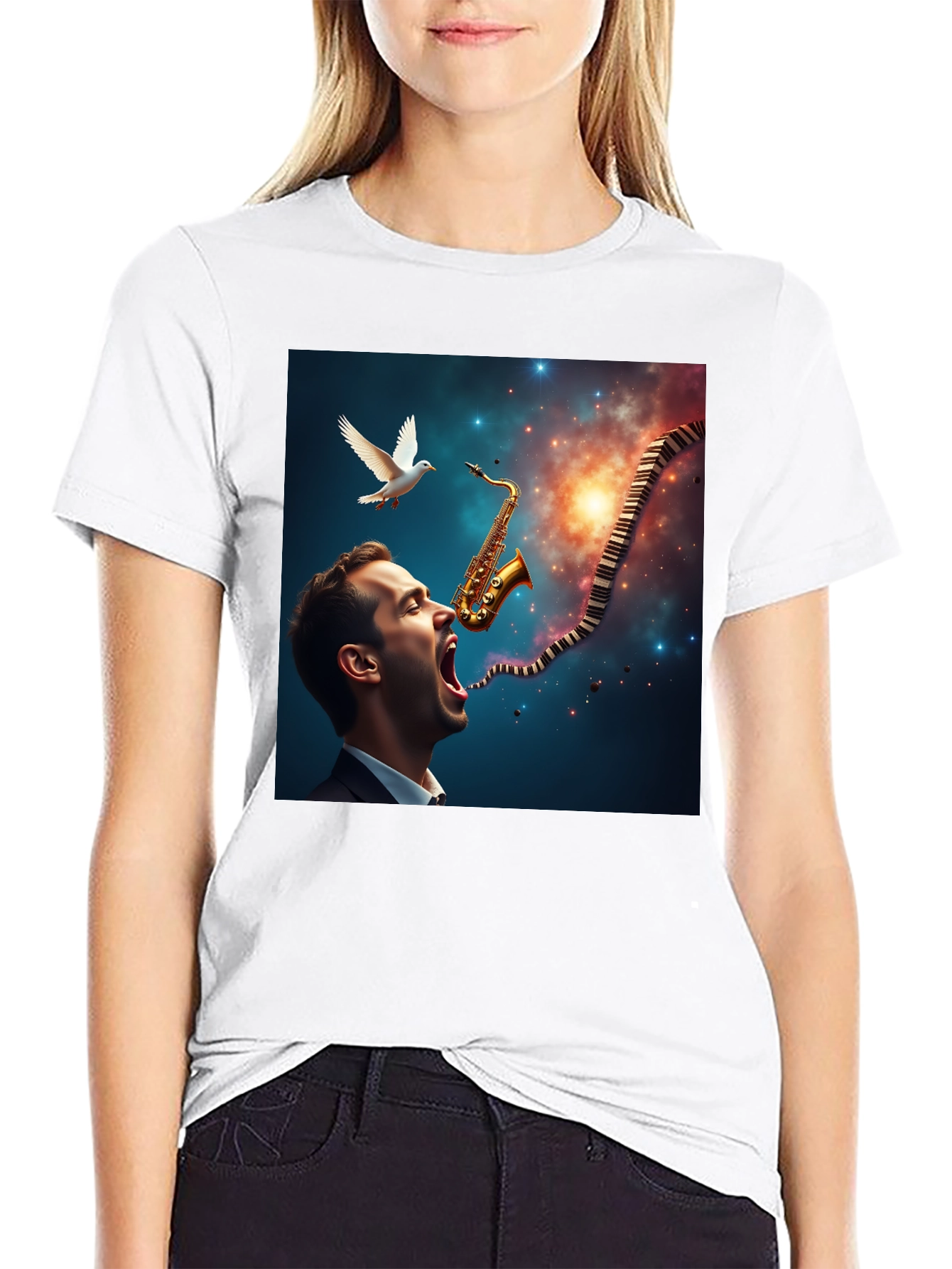 Jazz Harmony T-Shirt: Saxophone & Piano Keys Design