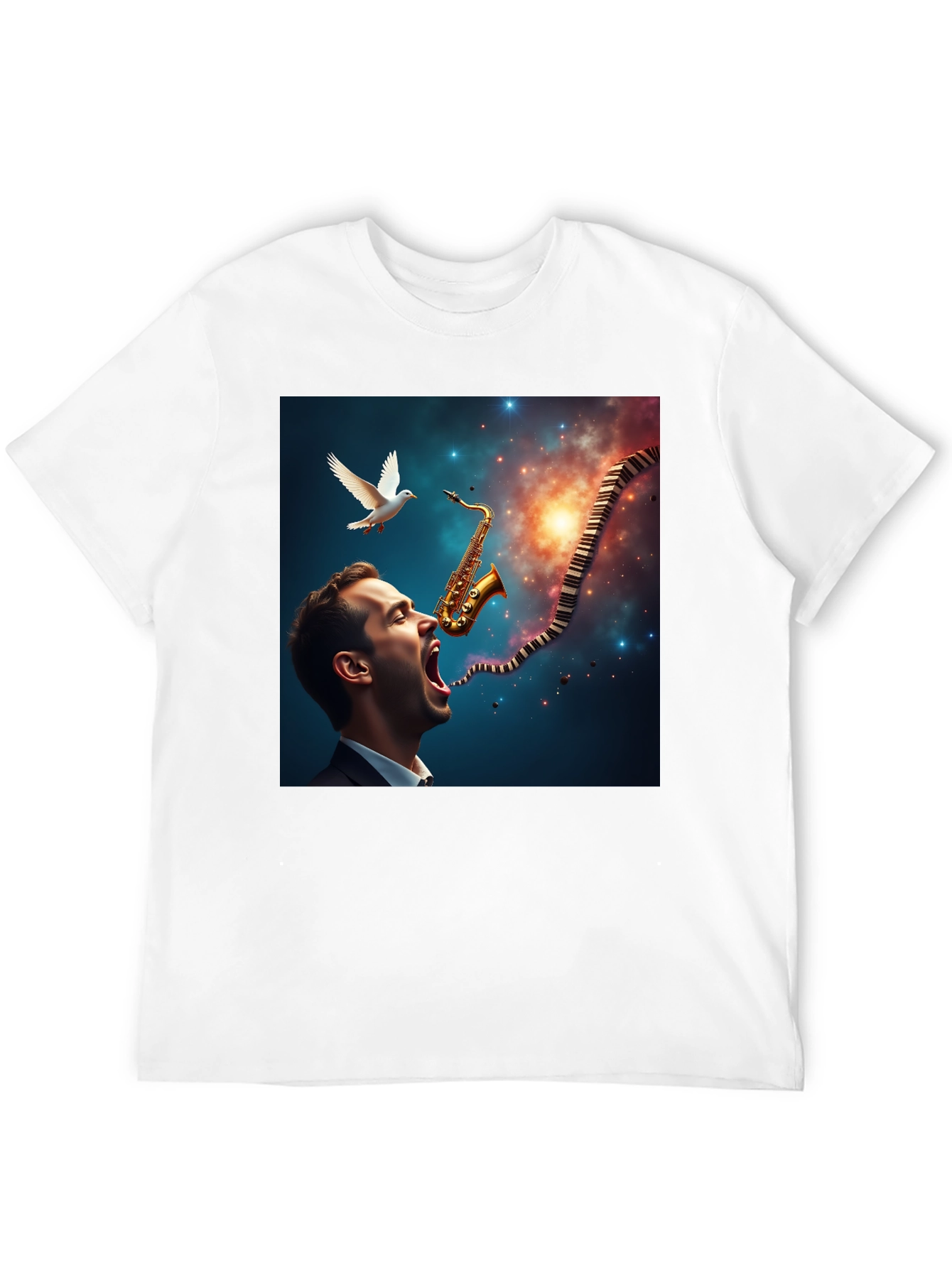 Jazz Harmony T-Shirt: Saxophone & Piano Keys Design