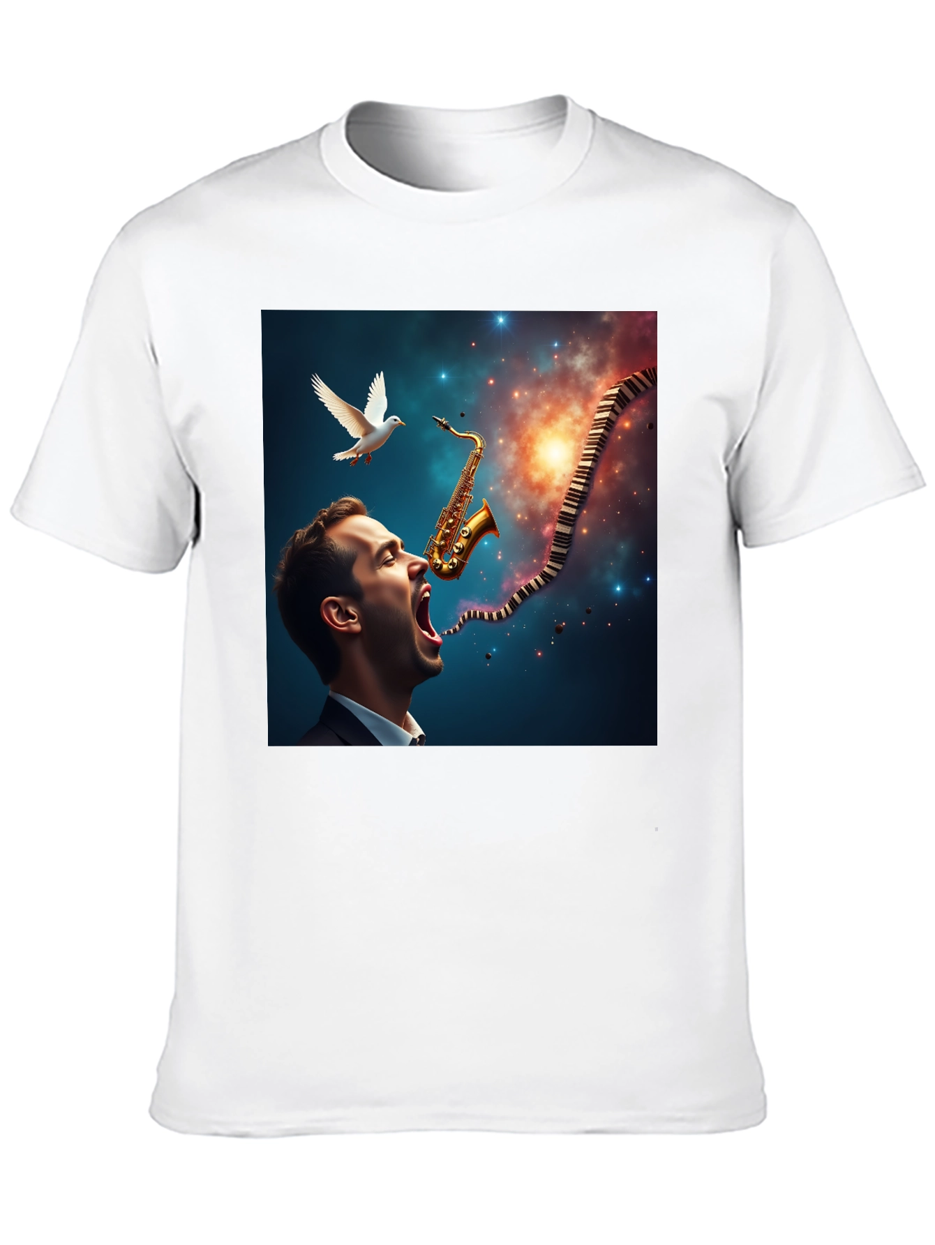 Jazz Harmony T-Shirt: Saxophone & Piano Keys Design