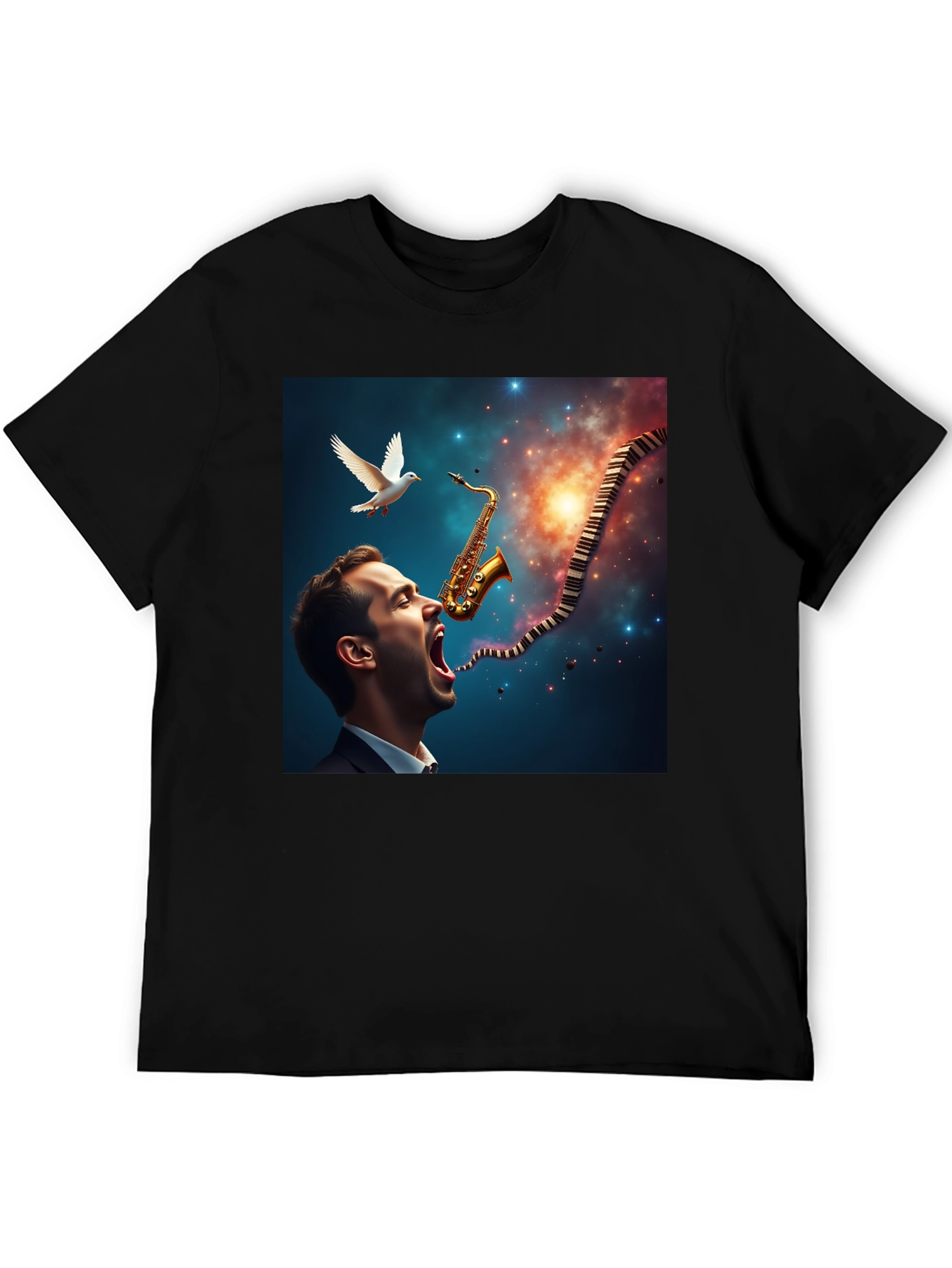 Jazz Harmony T-Shirt: Saxophone & Piano Keys Design