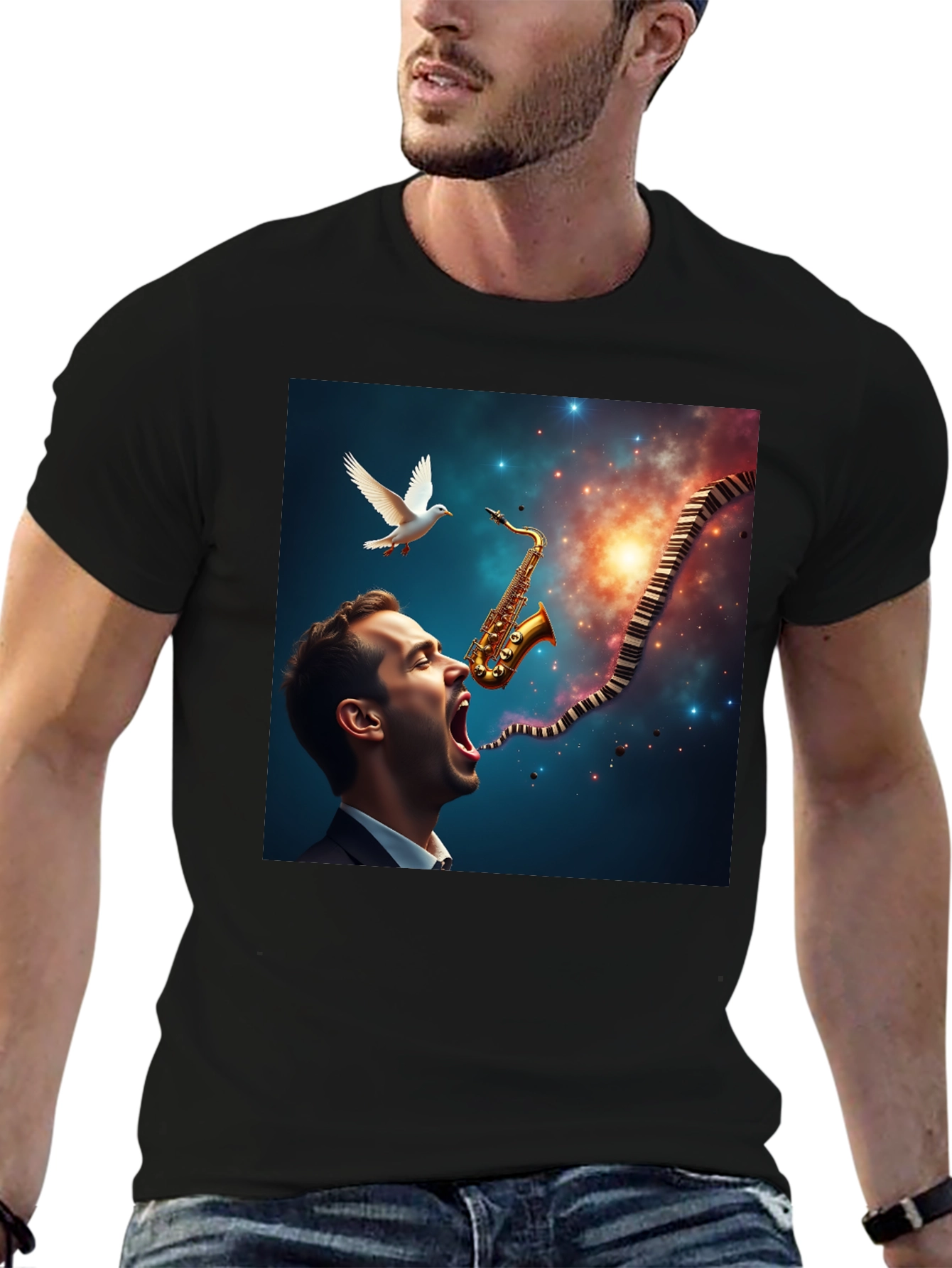 Jazz Harmony T-Shirt: Saxophone & Piano Keys Design