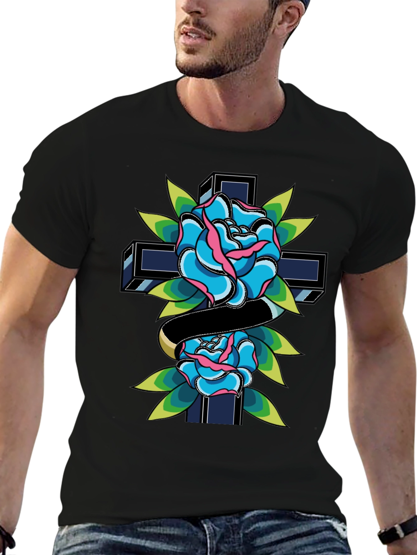 Rose & Cross Graphic Tee - Classic Tattoo Style