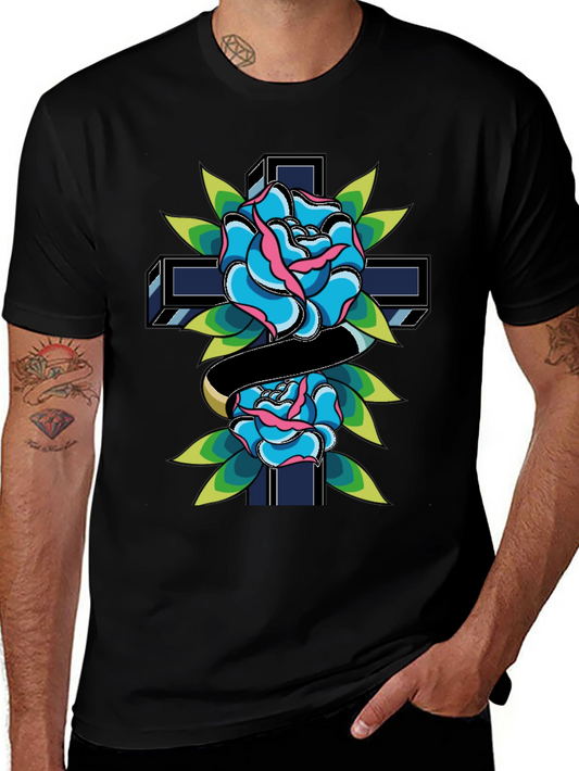 Rose & Cross Graphic Tee - Classic Tattoo Style