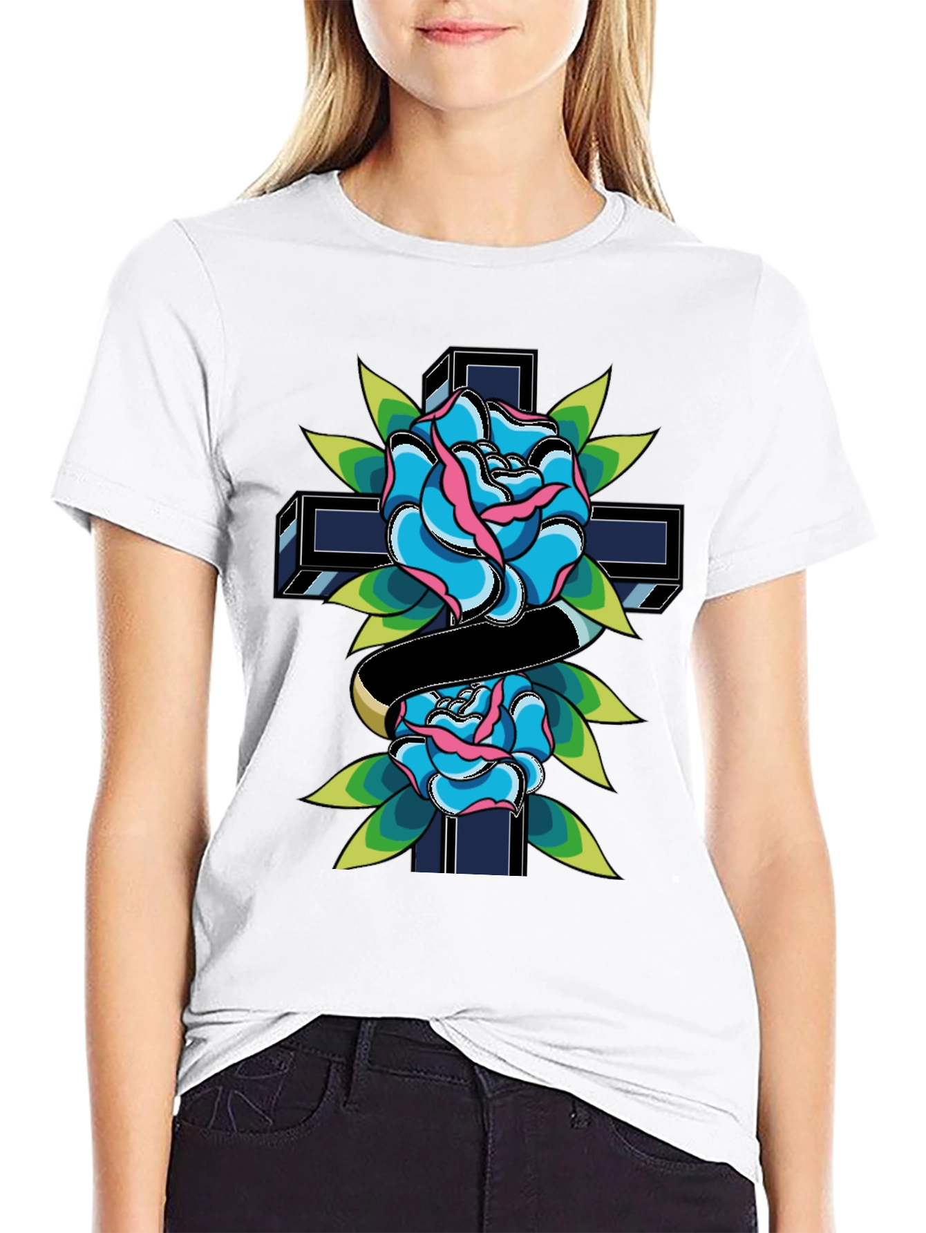 Rose & Cross Graphic Tee - Classic Tattoo Style