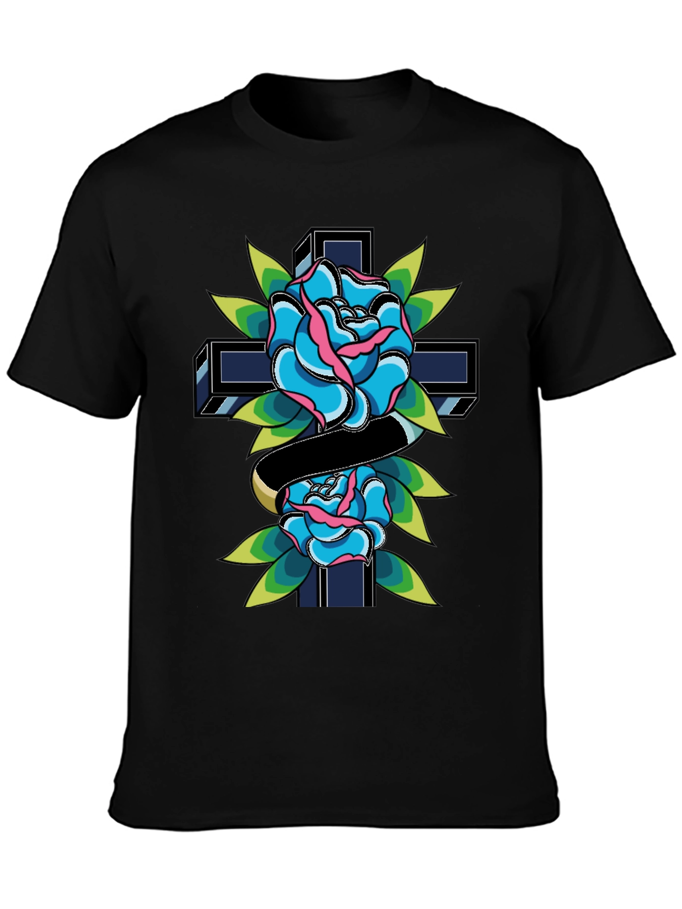 Rose & Cross Graphic Tee - Classic Tattoo Style