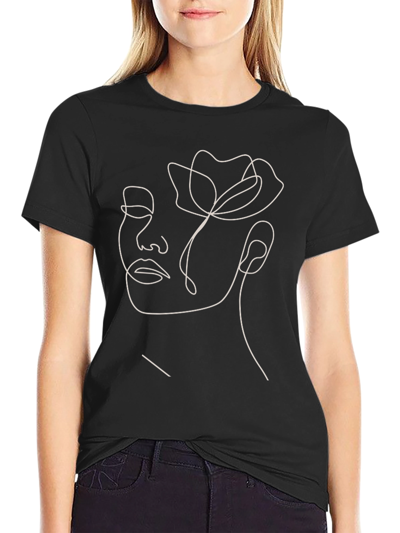 Abstract Floral Face Line Art Black T-Shirt