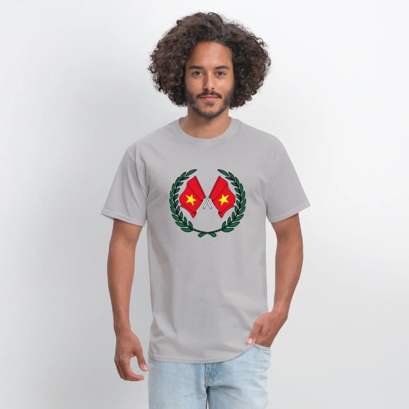 Two flags of Vietnam in green laurel wreath